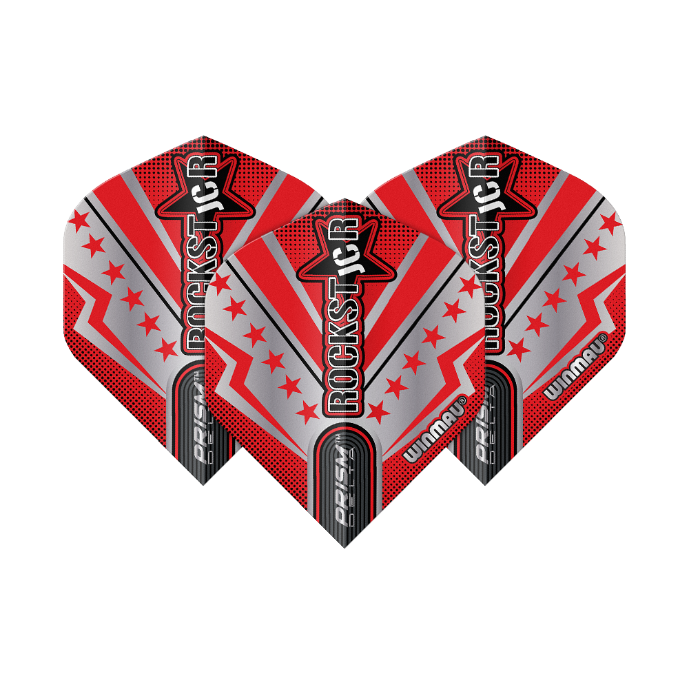 Letky Winmau Prism Delta Joe Cullen Rockstar Series No2 Standard Das Bild zeigt drei Dart-Flights der Serie "Winmau Prism Delta Joe Cullen Rockstar No2". Die Flights sind in rot, silber und schwarz gestaltet und tragen die Aufschrift "ROCKSTAR".