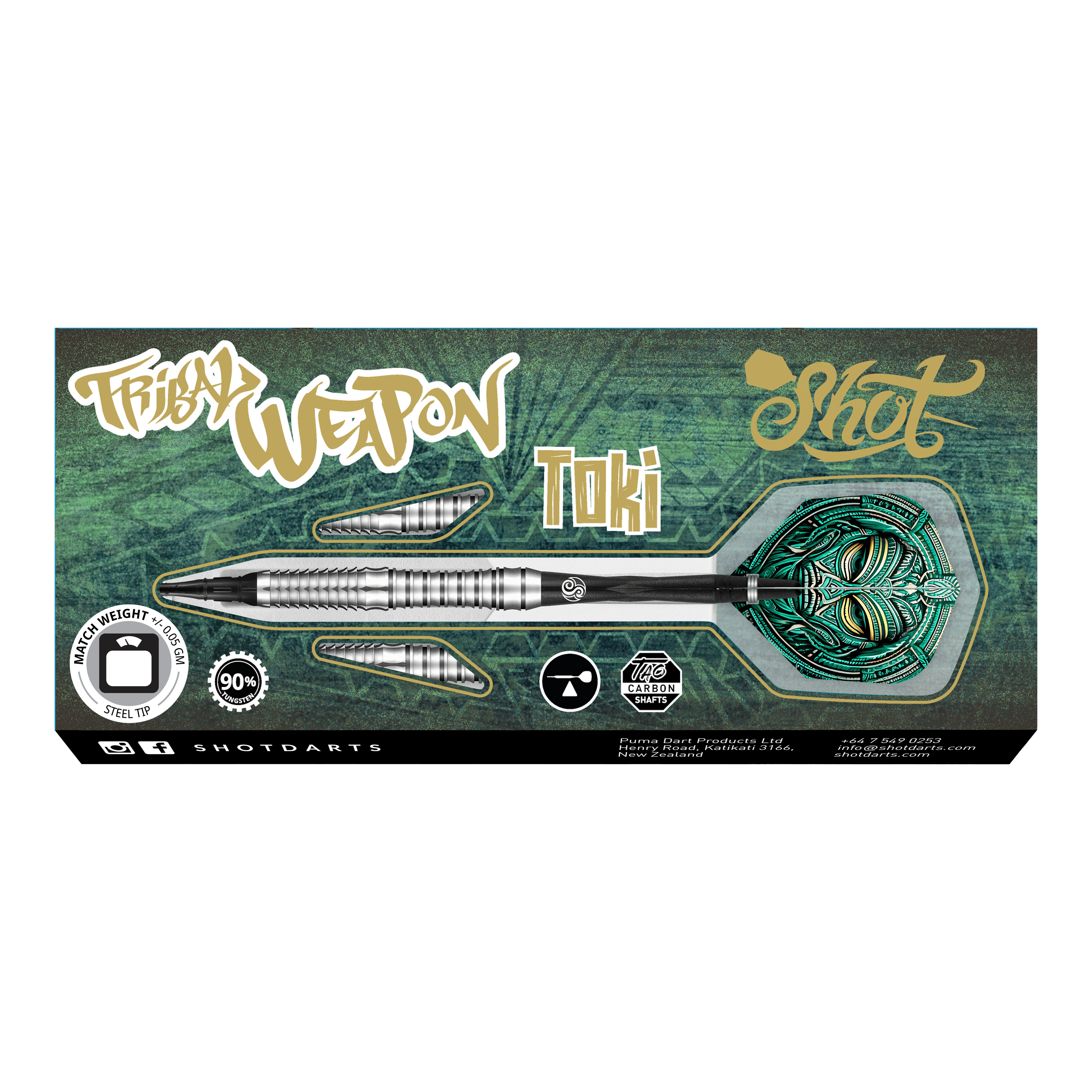 Shot Tribal Weapon Toki freccette morbide Das Bild zeigt die Verpackung der "Shot Tribal Weapon Toki Softdarts". Auf der Verpackung sind ein silberner Dartpfeil mit grünem Flight und verschiedene Beschriftungen abgebildet.