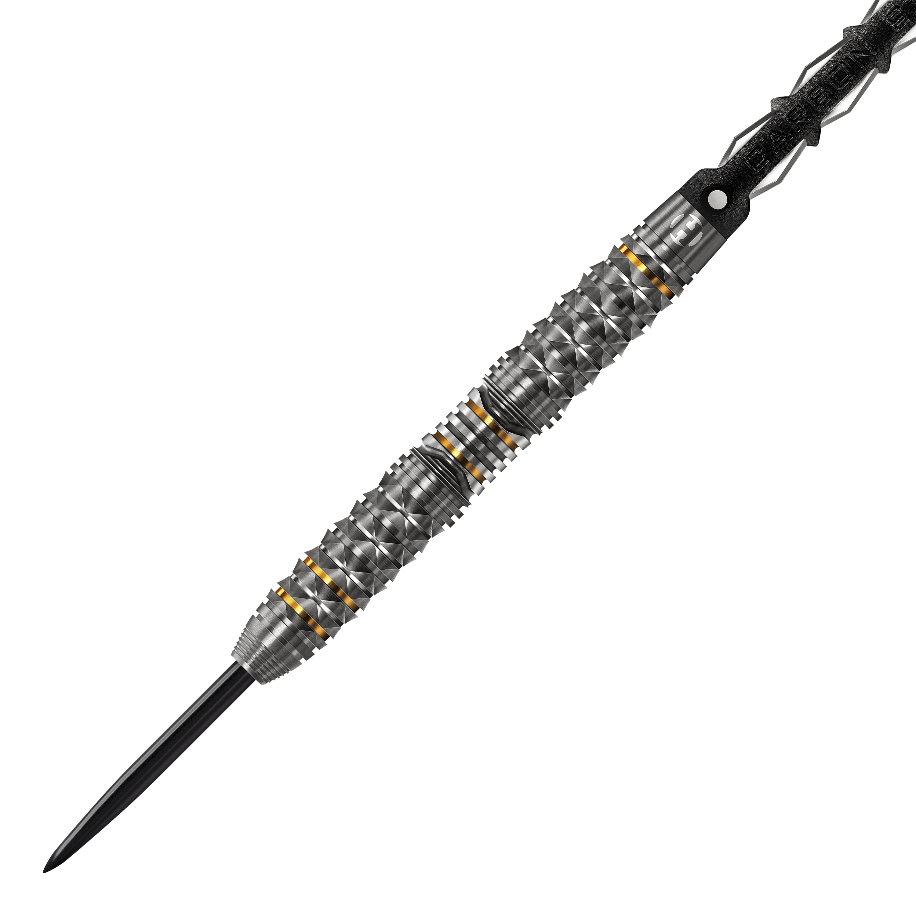 Harrows Opus Steeldarts Das Bild zeigt einen Harrows Opus Steeldart. Der Dartpfeil hat ein silbernes, strukturiertes Design mit goldenen Akzenten.