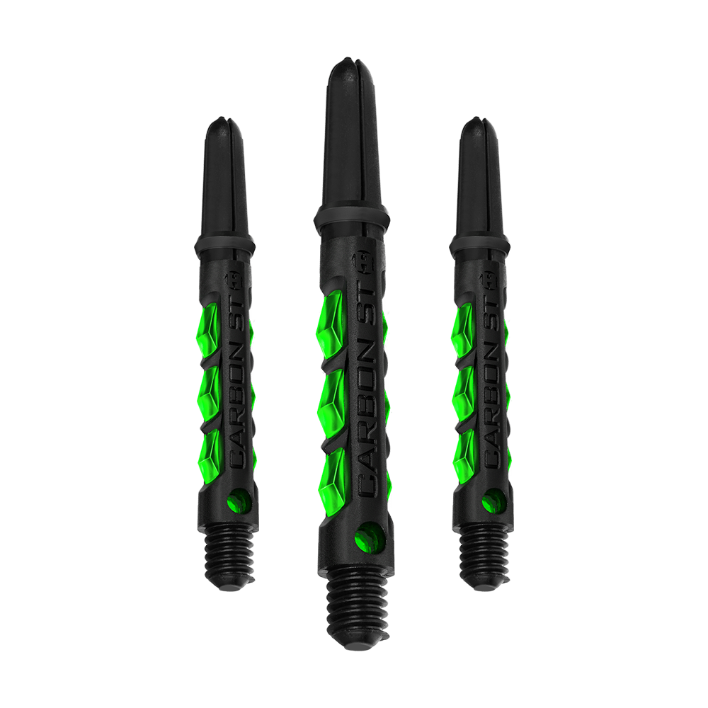 HR423_Harrows_Carbon_ST_Shafts_Gr-n_40mm_1dr8A9ag3UCSKA Harrows Carbon ST Shafts, einzeln dargestellt. Mattes Material und dezente Akzente sind sichtbar.