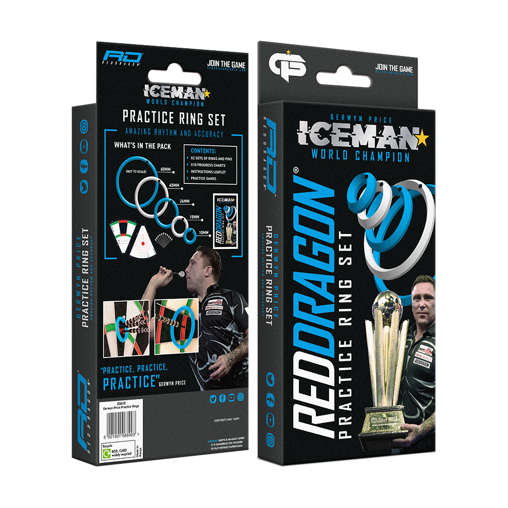 X0610_Red_Dragon_Gerwyn_Price_Practice_Rings_2 Auf dem Bild ist das Produkt „Red Dragon Gerwyn Price Practice Rings“ zu sehen. Die Verpackung zeigt blaue Übungsringe und ein Bild von Gerwyn Price mit einem Pokal.
