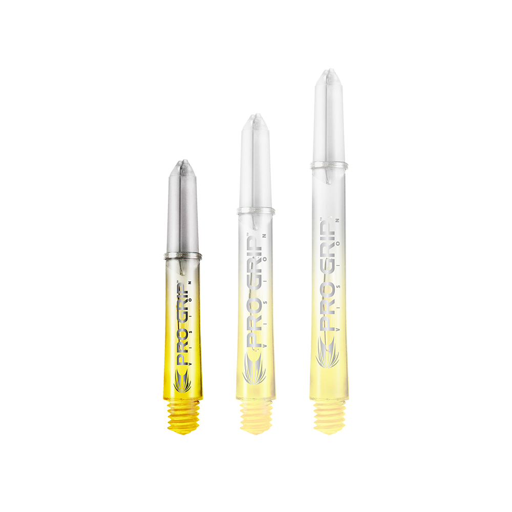 Aste Target Pro Grip Vision - 3 set - Giallo Auf dem Bild sind drei durchsichtige Dartschäfte mit gelbem Ende abgebildet. Auf den Schäften steht "PRO GRIP VISION" und sie sind unterschiedlich lang.