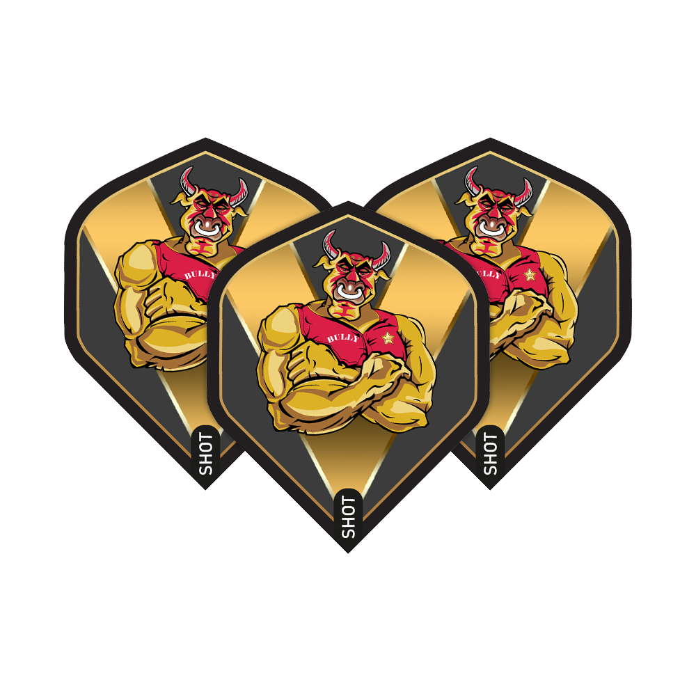 Zastřelil Michaela Smitha Bully Boye Zlatý standard letů Das Bild zeigt drei Dart-Flights mit einem muskulösen, roten Stier auf goldenem Hintergrund. Auf den Flights steht der Name „Bully Boy“ und unten das Wort „Shot“.