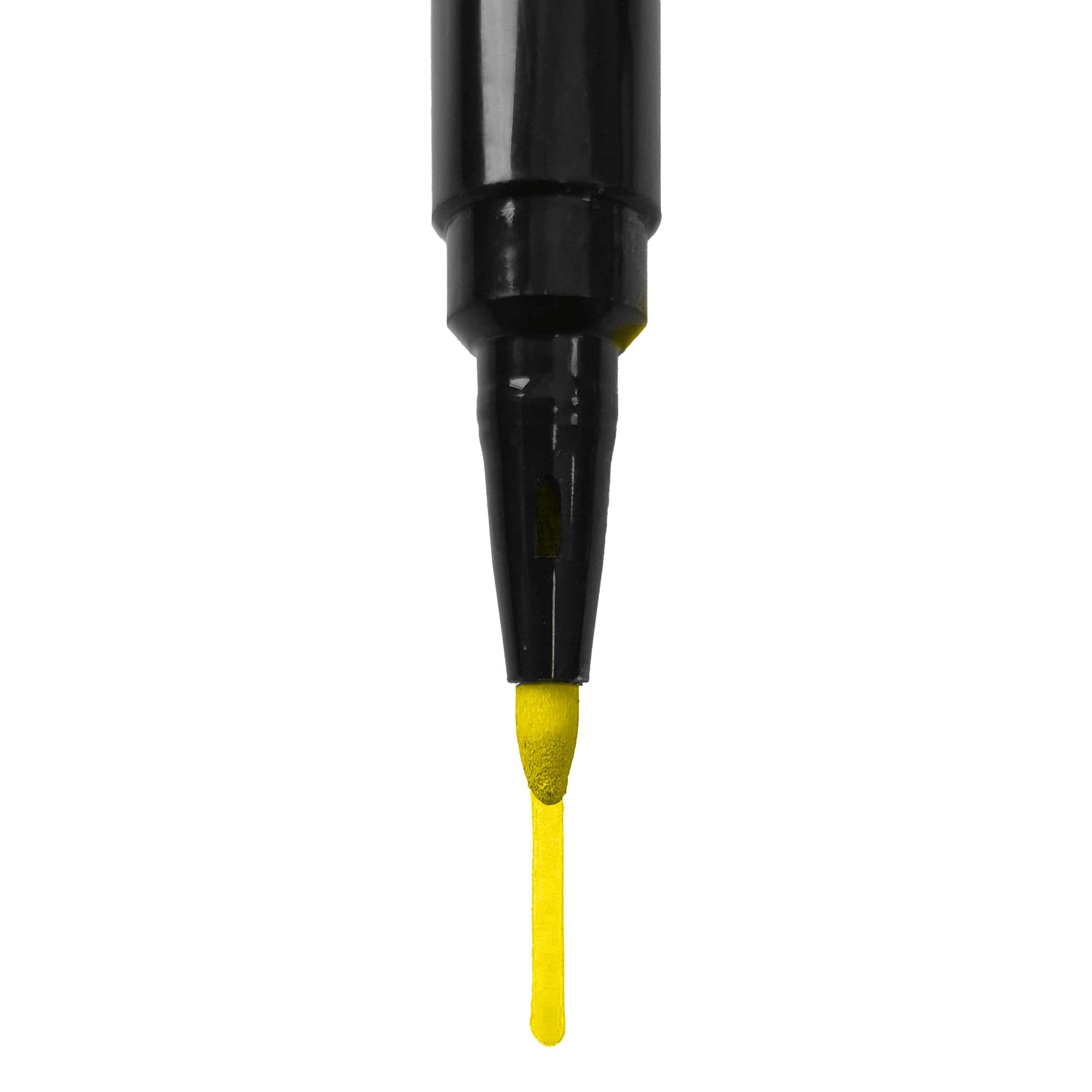 Board Marker Das Bild zeigt die Spitze eines schwarzen Markers, der gelbe Tinte abgibt. Unter der Spitze ist ein gelber Strich zu sehen.