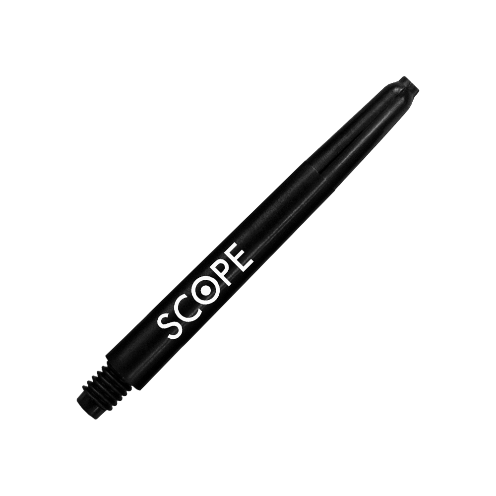 523_McDart_Scope_Nylon_Shafts_Schwarz_48mm_2 Das Bild zeigt einen schwarzen Nylon-Schaft für Darts mit der Aufschrift "SCOPE". Es handelt sich um das Produkt "McDart Scope Nylon Shafts".