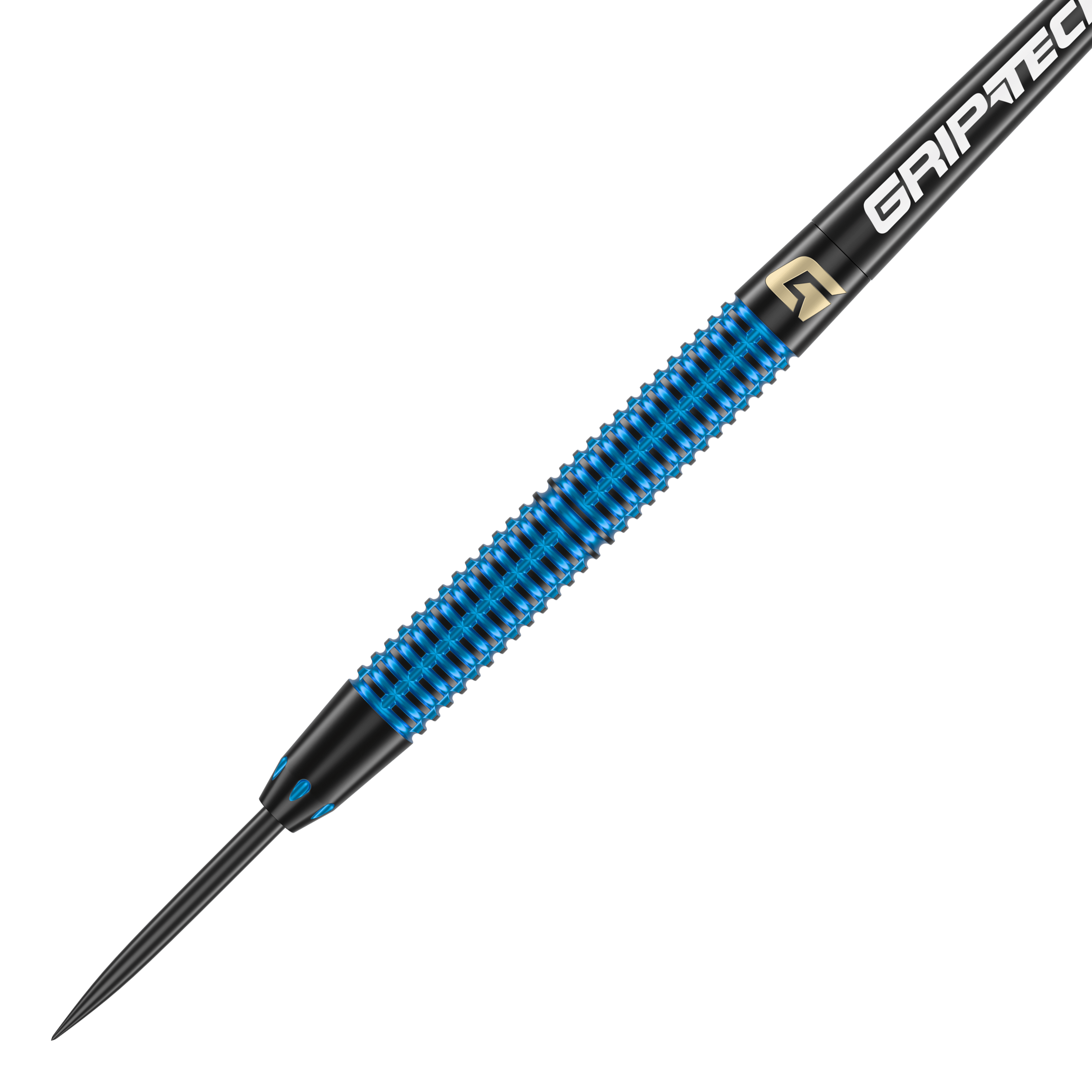 GOAT Athlete Blue Brass Steeldarts - 12g Das Bild zeigt einen GOAT Athlete Blue Brass Steeldart mit einem Gewicht von 12g. Der Dart hat eine blaue geriffelte Oberfläche und eine schwarze Spitze.