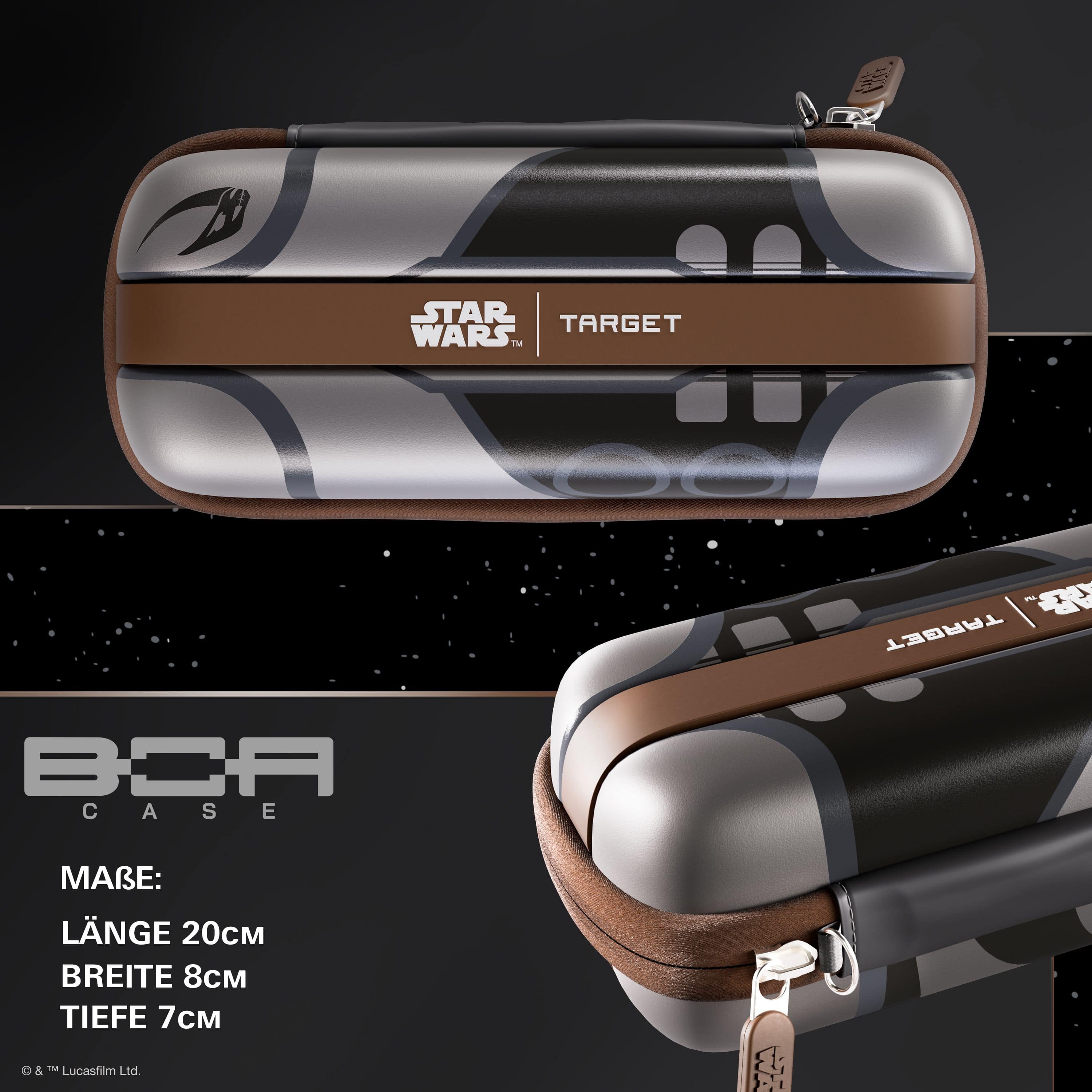 Pouzdro na šipky Target Star Wars Boa – Mandalorian Abgebildet ist das Target Star Wars Boa Dartcase - Mandalorian. Es ist ein Dartcase mit Mandalorianer-Design aus Star Wars.