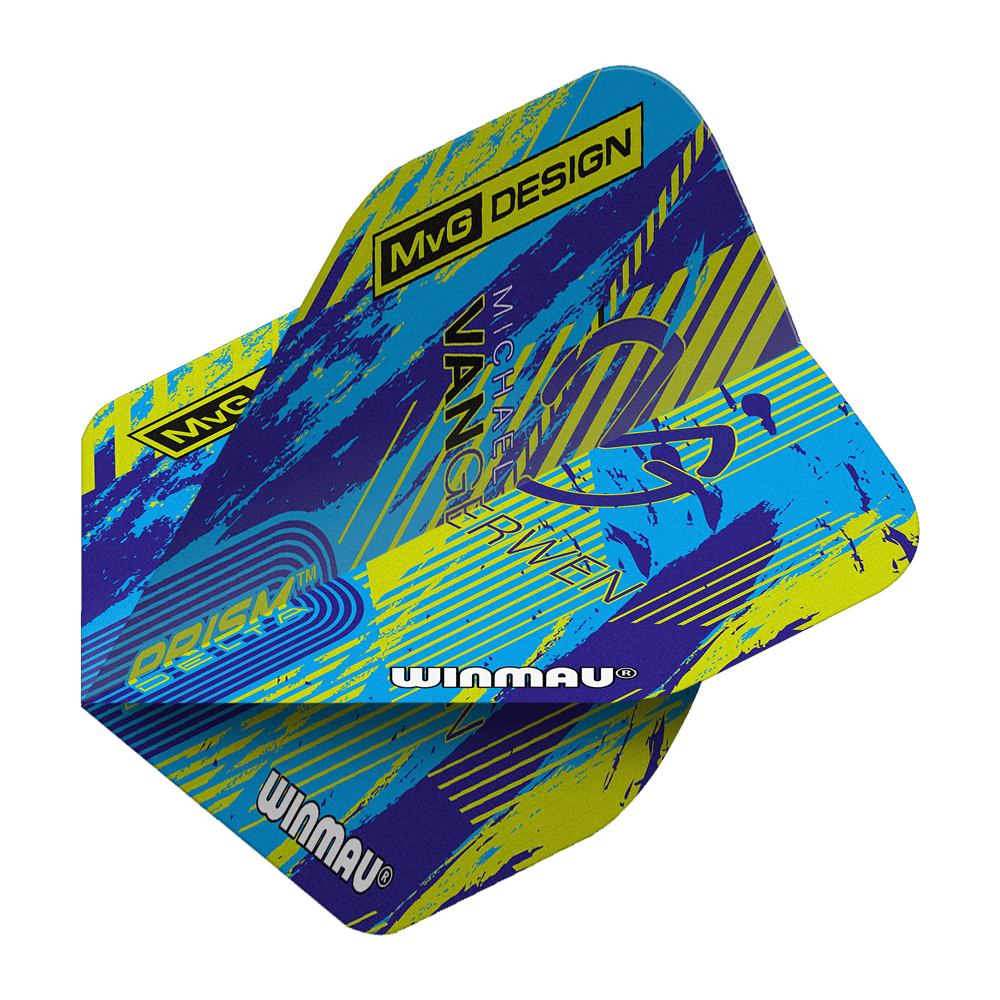 Winmau Delta Michael Van Gerwen Prism 04 Standardní lety Das Bild zeigt die Winmau Delta Michael Van Gerwen Prism 04 Standard Flights. Das Design ist bunt mit blauen, gelben und violetten Akzenten sowie dem Schriftzug „MvG DESIGN“ und „Winmau“.