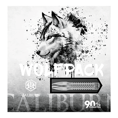 Ocelové šipky Caliburn Wolfpack W4 - 20g Das Bild zeigt die Verpackung der Caliburn Wolfpack W4 Steeldarts mit einem Wolf-Design. Auf der Verpackung steht, dass die Darts 20g wiegen und aus 90% Tungsten bestehen.