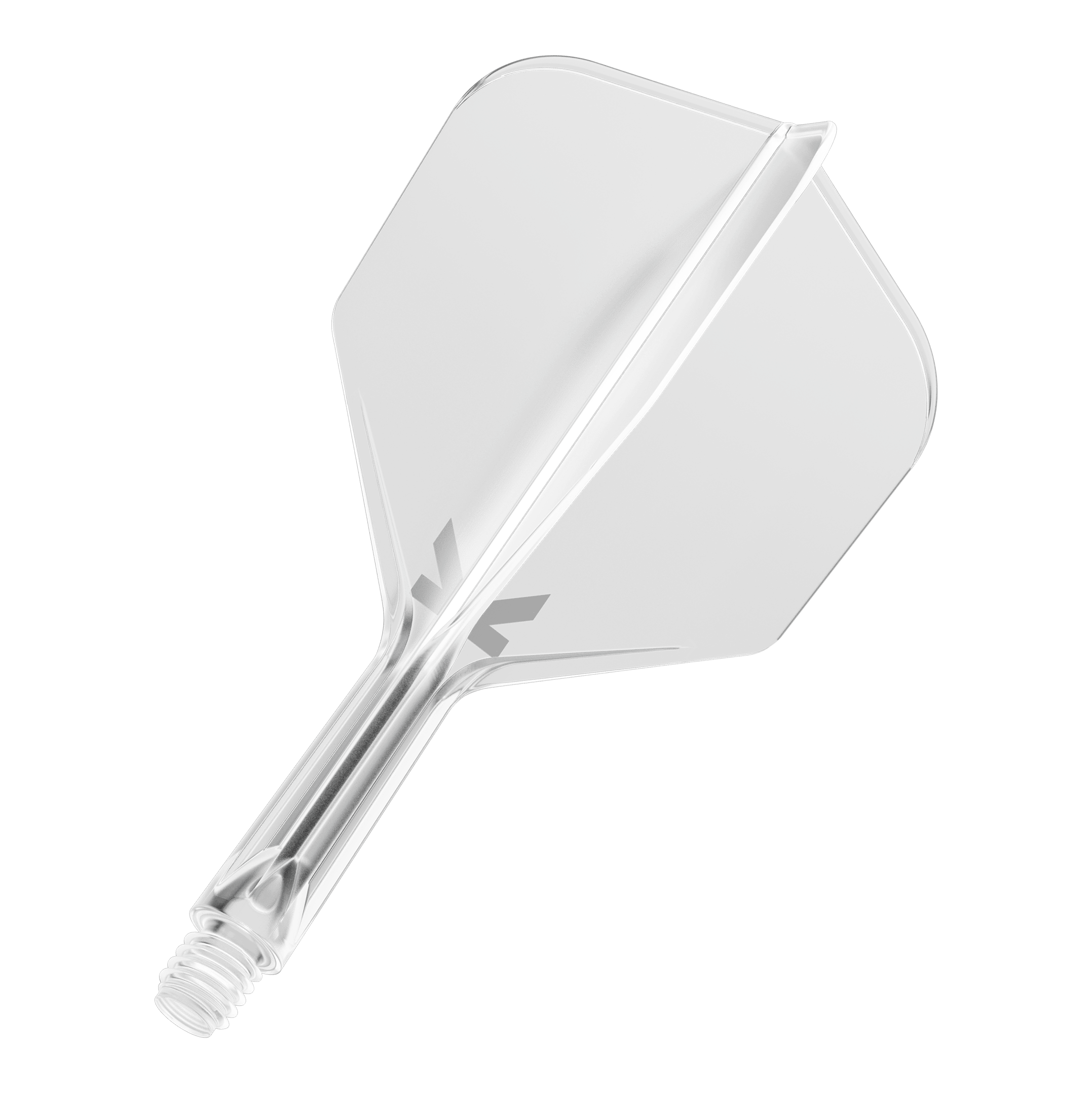 Letový systém Target K-Flex No6 - čirý Das Bild zeigt ein durchsichtiges Dart-Flightsystem mit einem integrierten Schaft. Es ist vor schwarzem Hintergrund abgebildet.