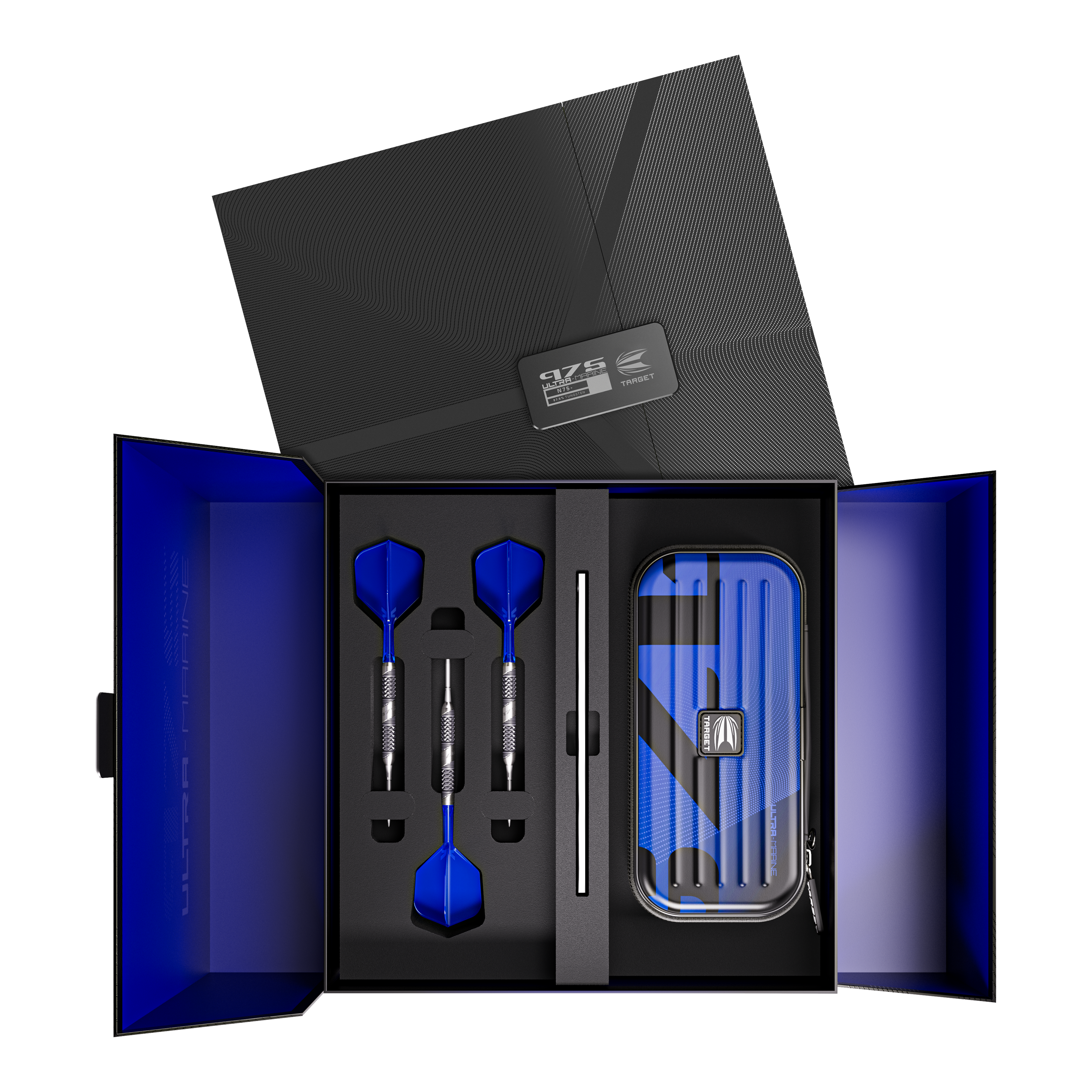 Dardos de acero Target 975 Ultra Marine 02 Swiss Point Das Bild zeigt ein elegantes Dart-Set mit drei blauen Steeldarts, sorgfältig in einer Geschenkbox angeordnet. Rechts befindet sich ein passendes Etui im gleichen blauen Design.