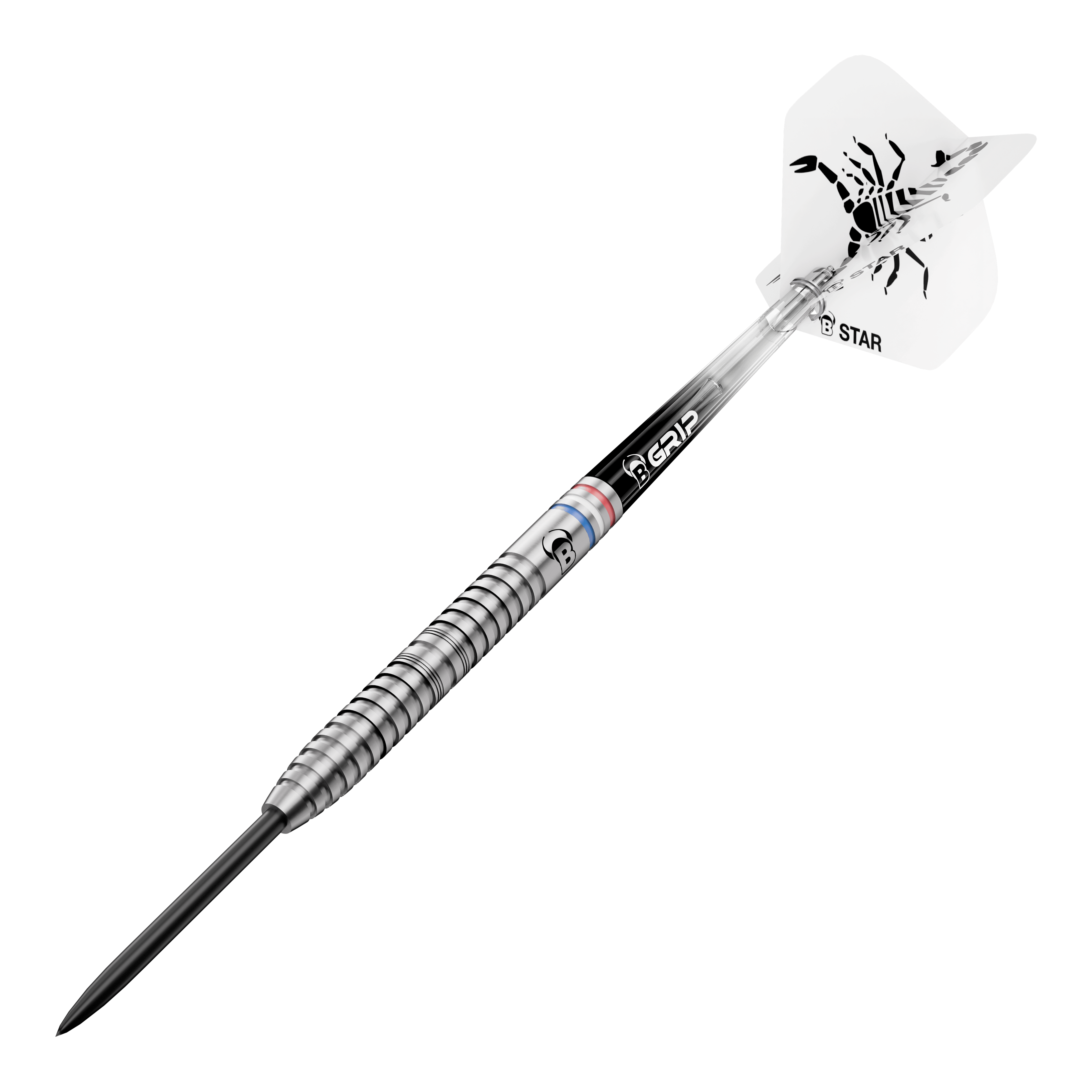 Abgebildet sind die Bulls Challenger Kendji Steinbach Steeldarts mit einem Gewicht von 23g. Die Darts haben ein markantes Design und sind speziell für Steeldart-Spieler entwickelt.