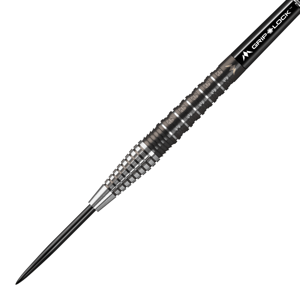 Mission Makara M2 Steeldarts - 23g Das Bild zeigt den "Mission Makara M2 Steeldart" mit einem Gewicht von 23 Gramm. Der Dartpfeil hat eine schwarze Spitze und einen geriffelten, silber-schwarzen Griffbereich.