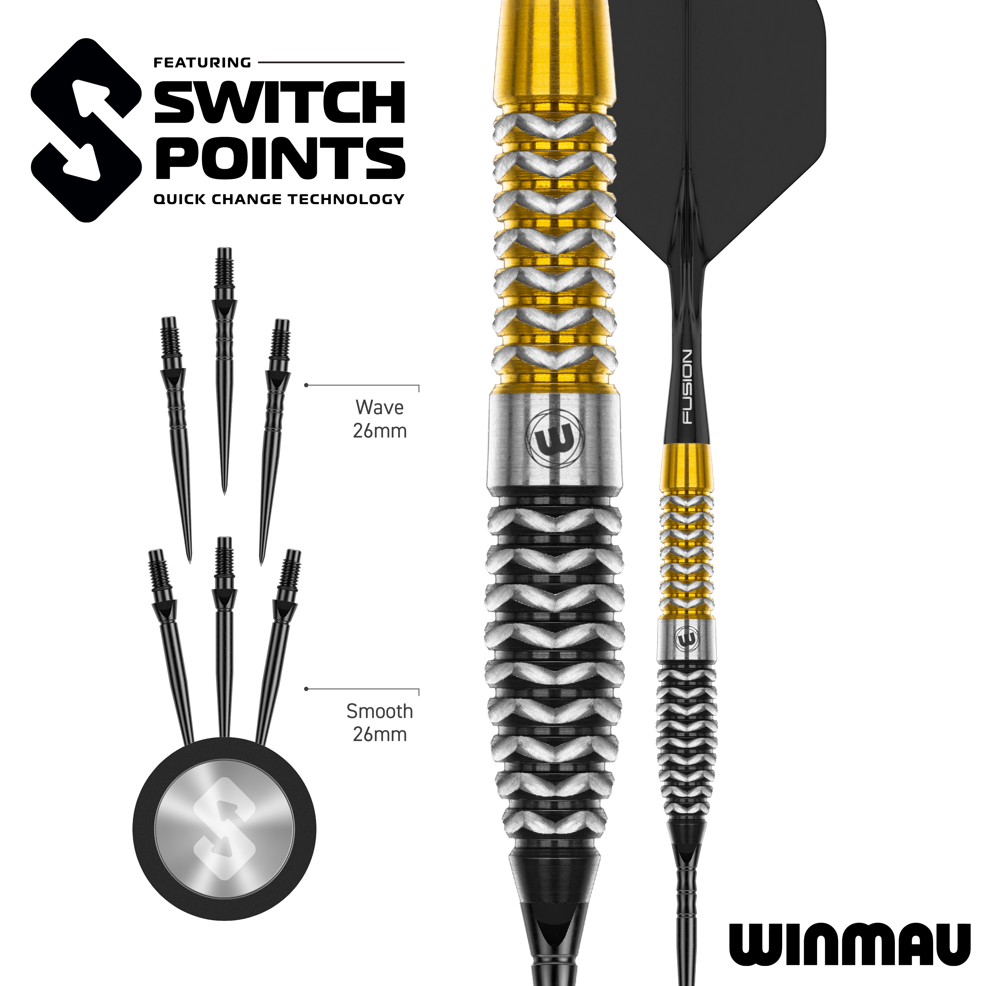 Das Bild zeigt vermutlich einen Winmau Exion Torpedo Switch Points Steeldarts aus einer anderen Perspektive. Es handelt sich um ein Produkt speziell für den Dartsport.