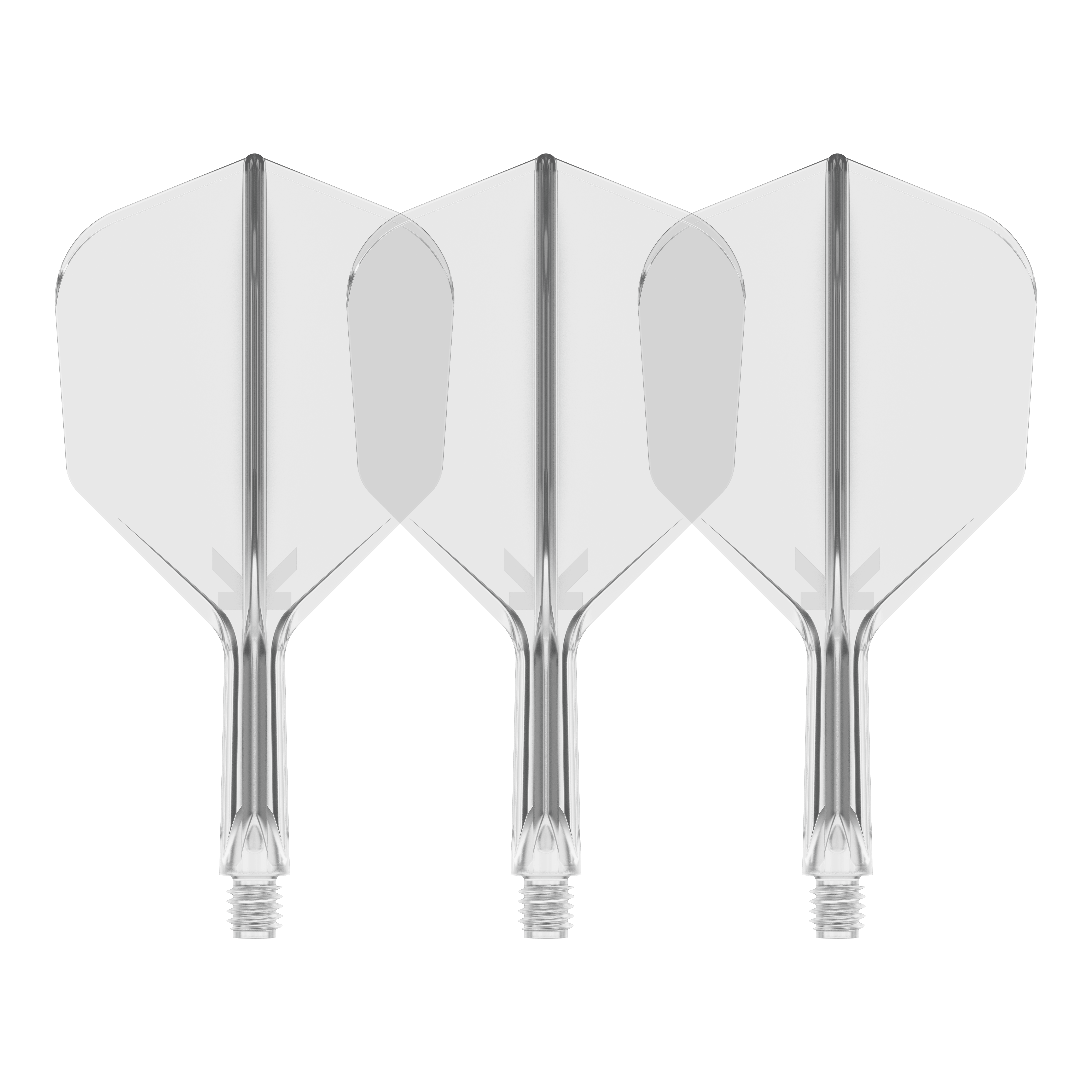 Letový systém Target K-Flex No6 - čirý Auf dem Bild sind drei durchsichtige Dartflights mit integriertem Schaft zu sehen. Sie stehen nebeneinander vor schwarzem Hintergrund.