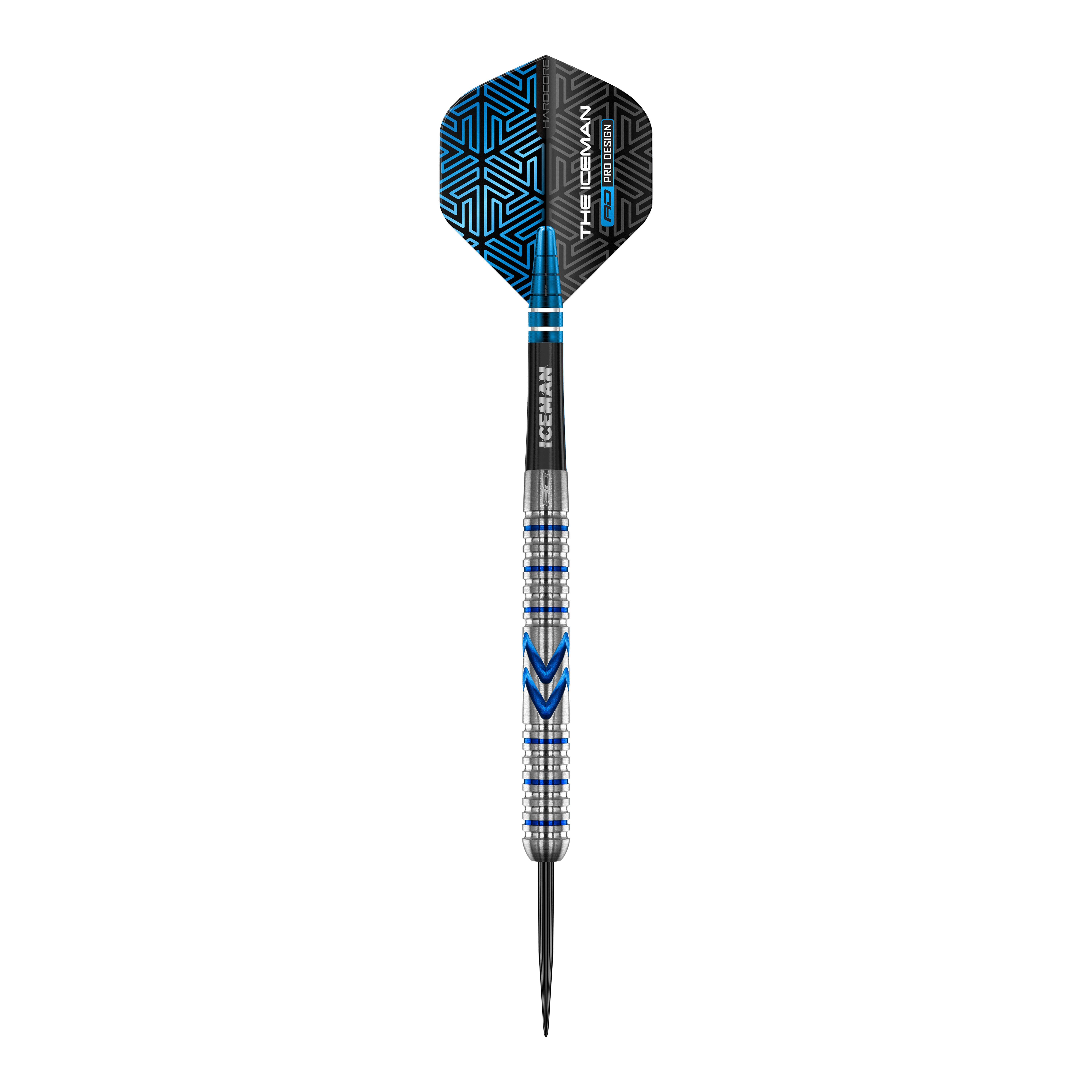 Ocelové šipky Red Dragon Gerwyn Price Iceman Midnight Edition Das Bild zeigt einen Steeldart aus der Serie "Red Dragon Gerwyn Price Iceman Midnight Edition". Der Dart hat ein silbernes und blaues Design mit schwarzen Akzenten auf dem Flight.