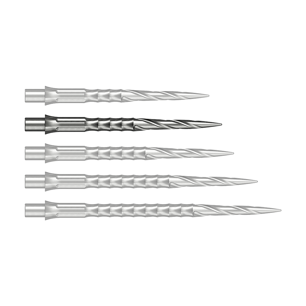 Pointes de fléchettes en acier Caliburn System - Spiro - NoLip - argent Vermutlich wird eine silberne Steeldartspitze mit 30 mm Länge abgebildet. Sie stammt aus dem Caliburn Evo System und ist vom Typ Spiro NoLip.