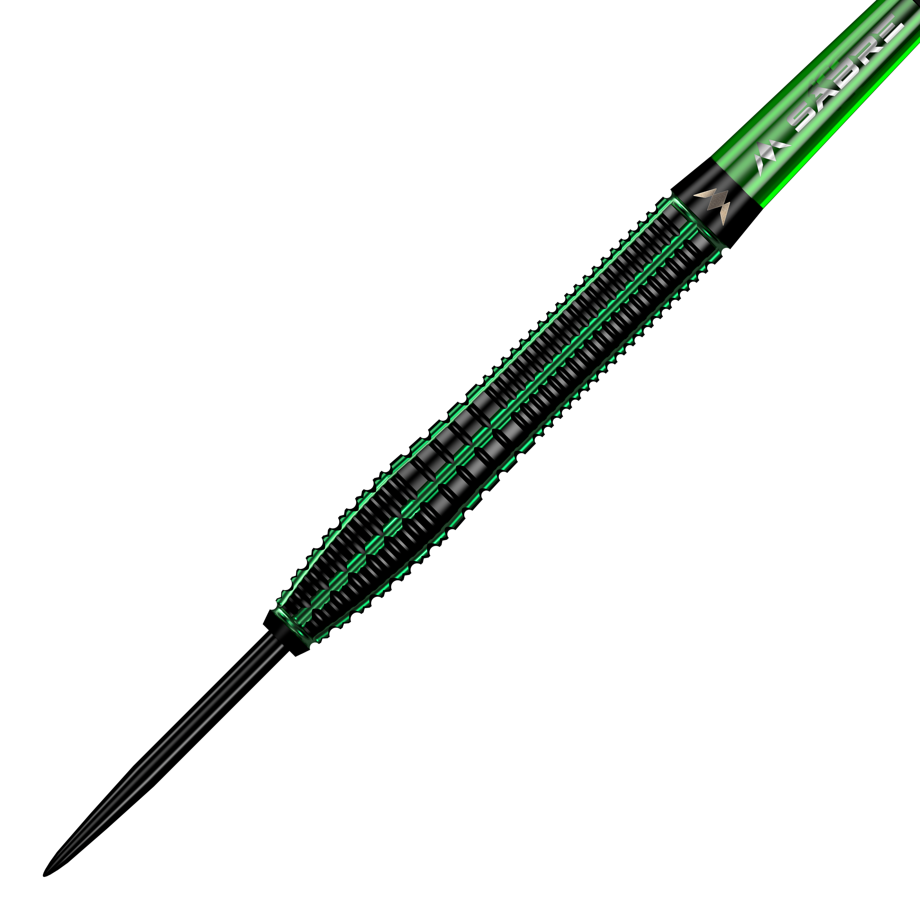 Ocelové šipky Mission Venom Das Bild zeigt einen Mission Venom Steeldart mit einem schwarzen und grünen Design. Der Dartpfeil hat eine schlanke Form und auffällige grüne Akzente entlang des Schafts.