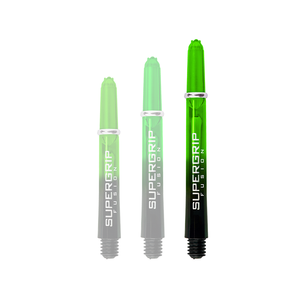 Das Bild zeigt drei grüne Harrows Supergrip Fusion Shafts in verschiedenen Längen. Die Schäfte haben ein transparentes Design mit der Aufschrift "SUPERGRIP FUSION" in Weiß.