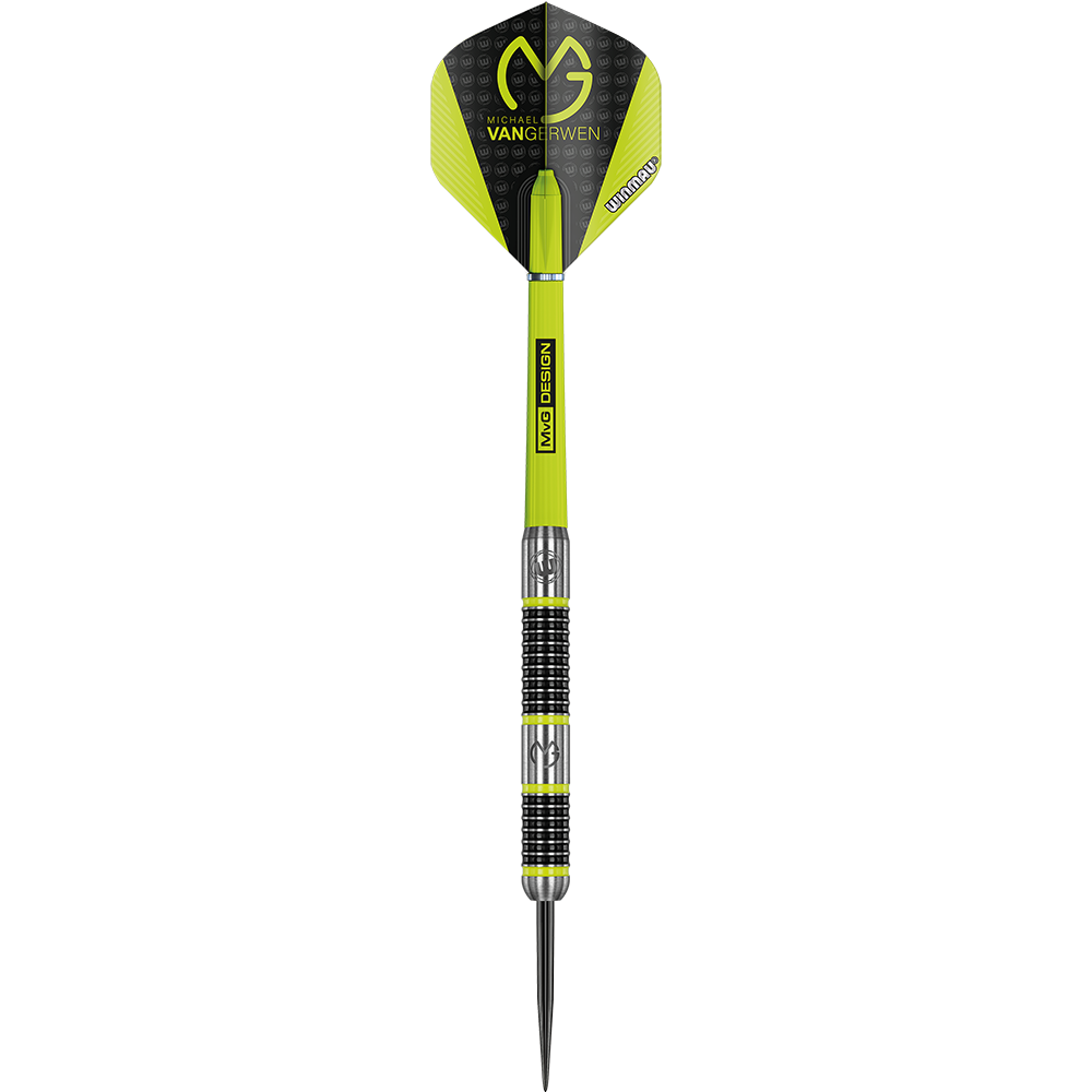 1444_Winmau_Michael_Van_Gerwen_MvG_Aspire_Steeldarts_1Nil84yDfIlUFW Das Bild zeigt einen "Winmau Michael Van Gerwen MvG Aspire Steeldart". Der Dart ist gelb und schwarz gestaltet und trägt das MvG-Logo.