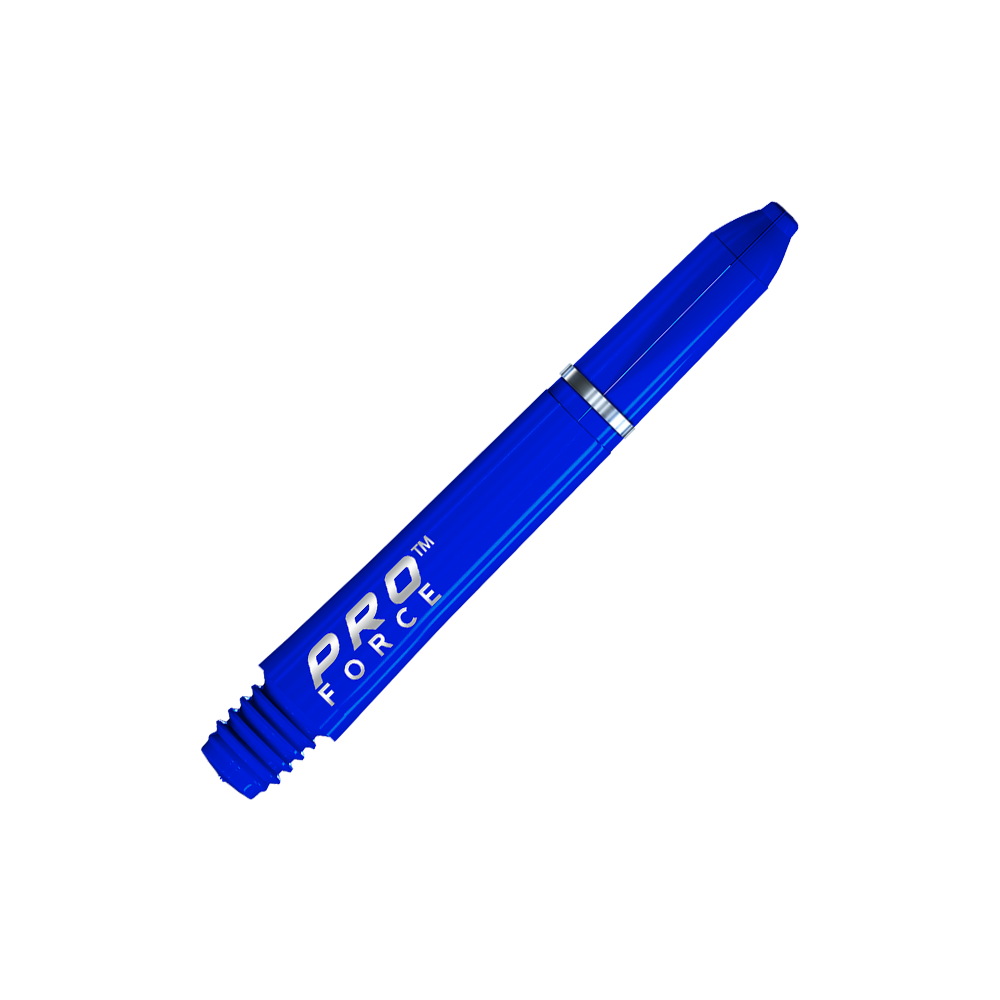 7011_104_Winmau_Pro-Force_Shafts_Blau_35mm_2 Das Bild zeigt einen blauen Winmau Pro-Force Shafts. Auf der Seite steht in weißer Schrift "PRO FORCE".