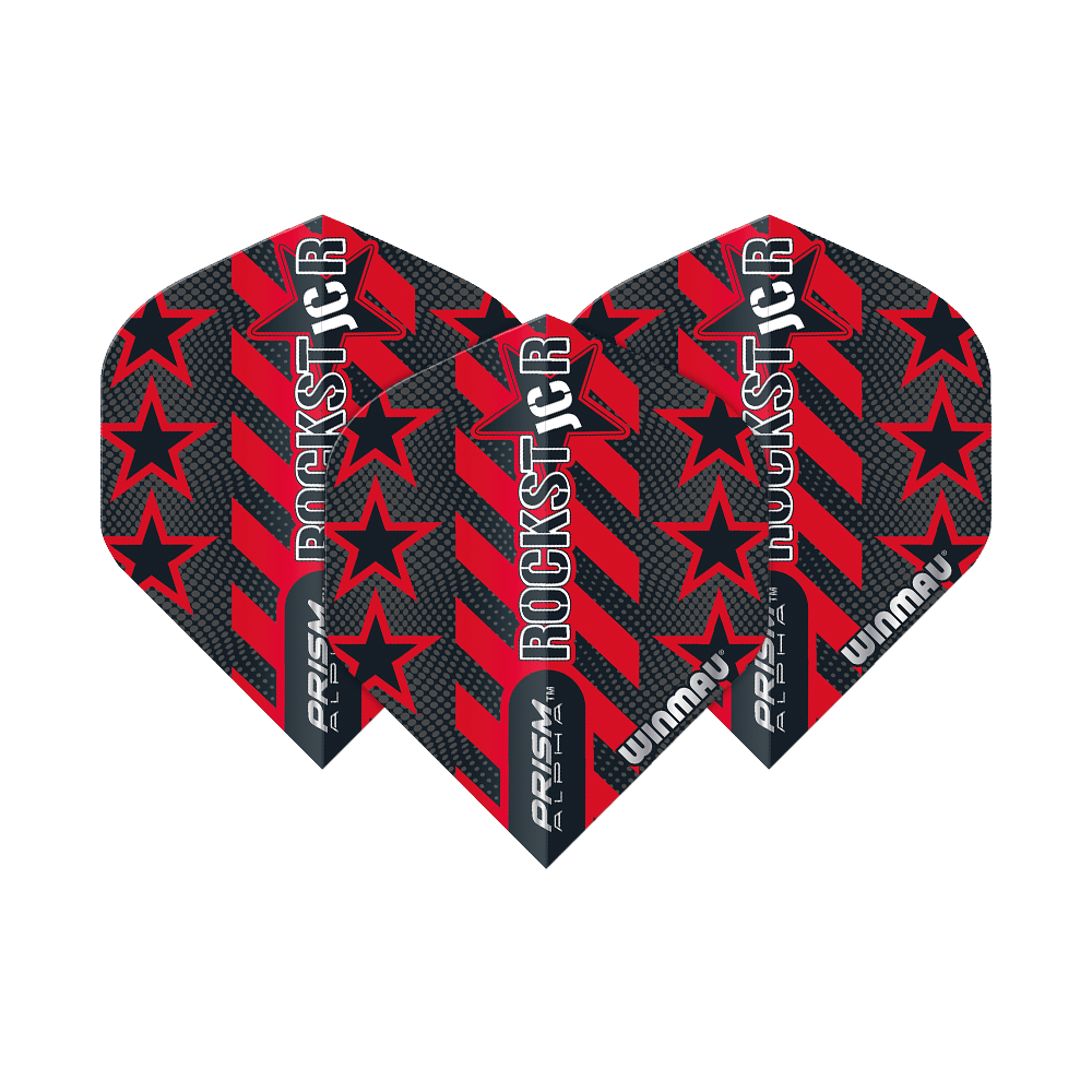 6915-198_Winmau_Prism_Alpha_Joe_Cullen_Standard_Flights_16PdMlGDDhoB0C Das Bild zeigt die Winmau Prism Alpha Joe Cullen Standard Flights. Die Flights sind schwarz und rot mit Sternen und dem Schriftzug "ROCKSTAR" gestaltet.