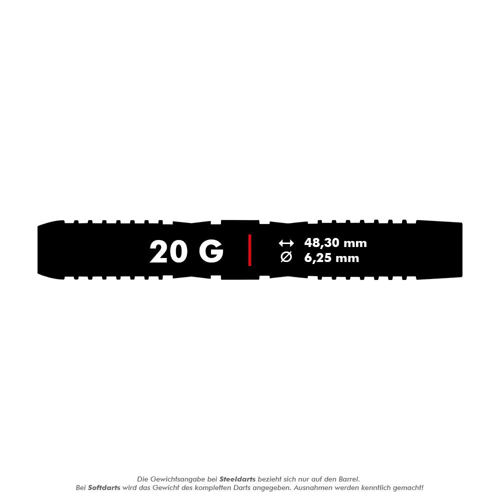 Měkké šipky Red Dragon Panterra - 20g Das Bild zeigt die Produktangaben für die Red Dragon Panterra Softdarts mit einem Gewicht von 20 Gramm. Die Darts sind 48,30 mm lang und haben einen Durchmesser von 6,25 mm.