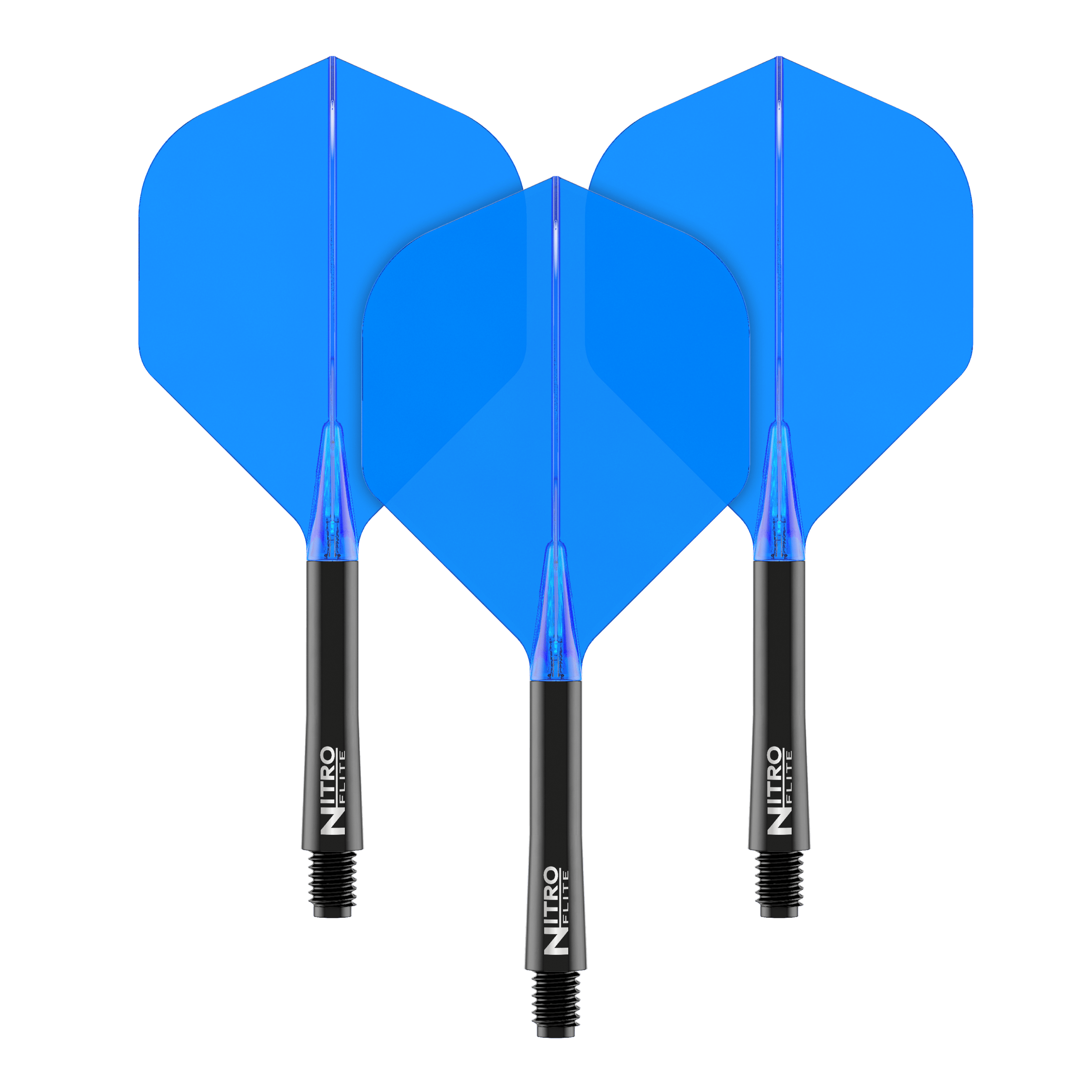 Red Dragon Nitroflite - Black Shaft Blue No2 Flights Das Bild zeigt drei blaue Dart Flights mit schwarzen Schäften. Auf den Schäften steht der Schriftzug "Nitro Flite".