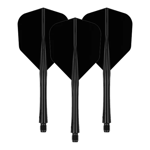 Sistema de eje de vuelo Caliburn SUP Lite No6 Das Bild zeigt drei schwarze Dart-Flights mit Schäften. Sie sind in einer aufrechten Position nebeneinander angeordnet.