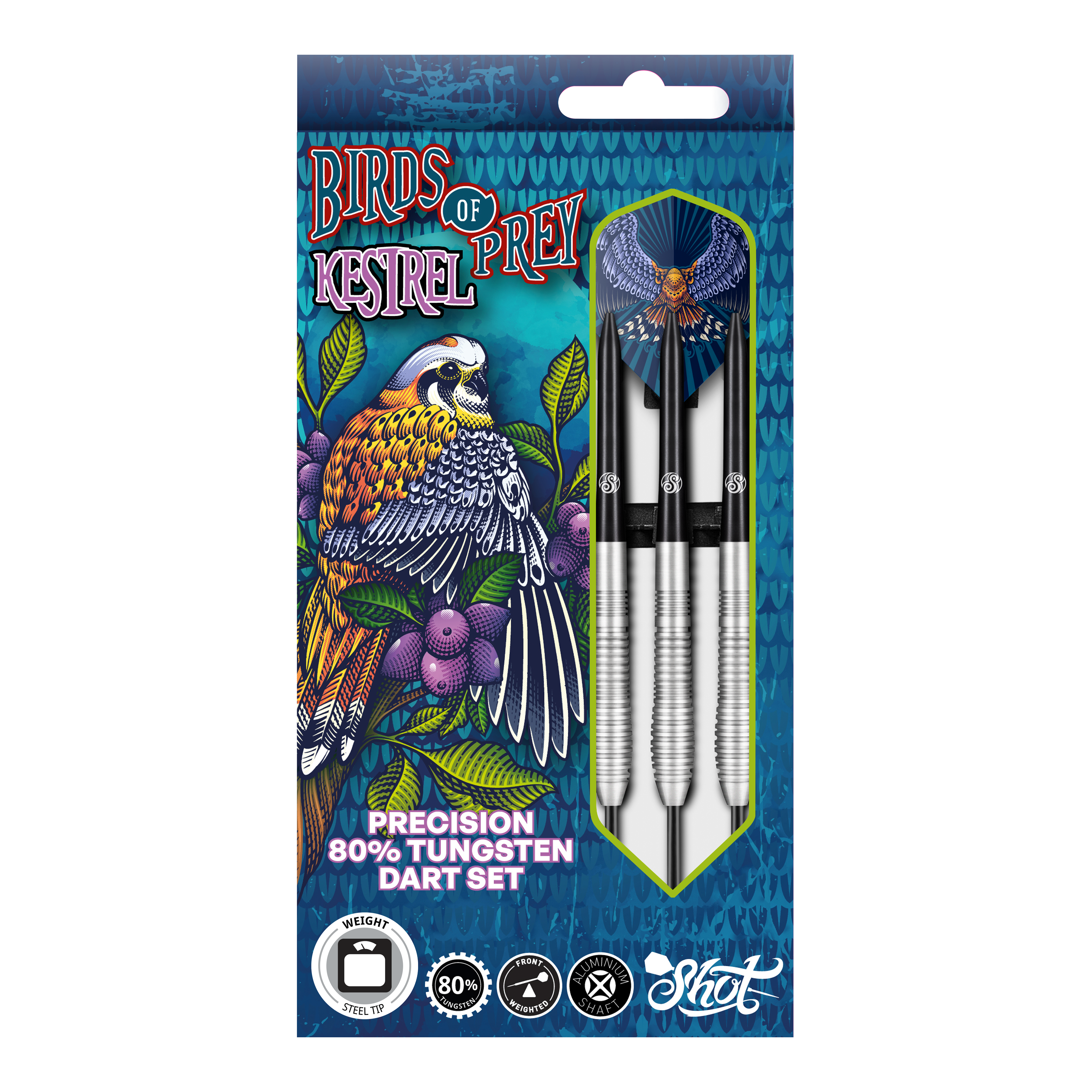 Dardos de acero Kestrel de Shot Birds Of Prey Das Bild zeigt die Verpackung der "Shot Birds Of Prey Kestrel Steeldarts". Auf der Verpackung ist ein bunter Vogel abgebildet, und die Darts bestehen aus 80% Tungsten.