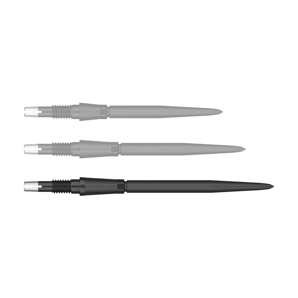 Target Swiss Storm Nano Point Dartspitzen - Schwarz Das Bild zeigt drei schwarze Dartspitzen mit silbernen Enden, die nebeneinander liegen. Die Spitzen sind lang, schmal und haben eine geriffelte Struktur.