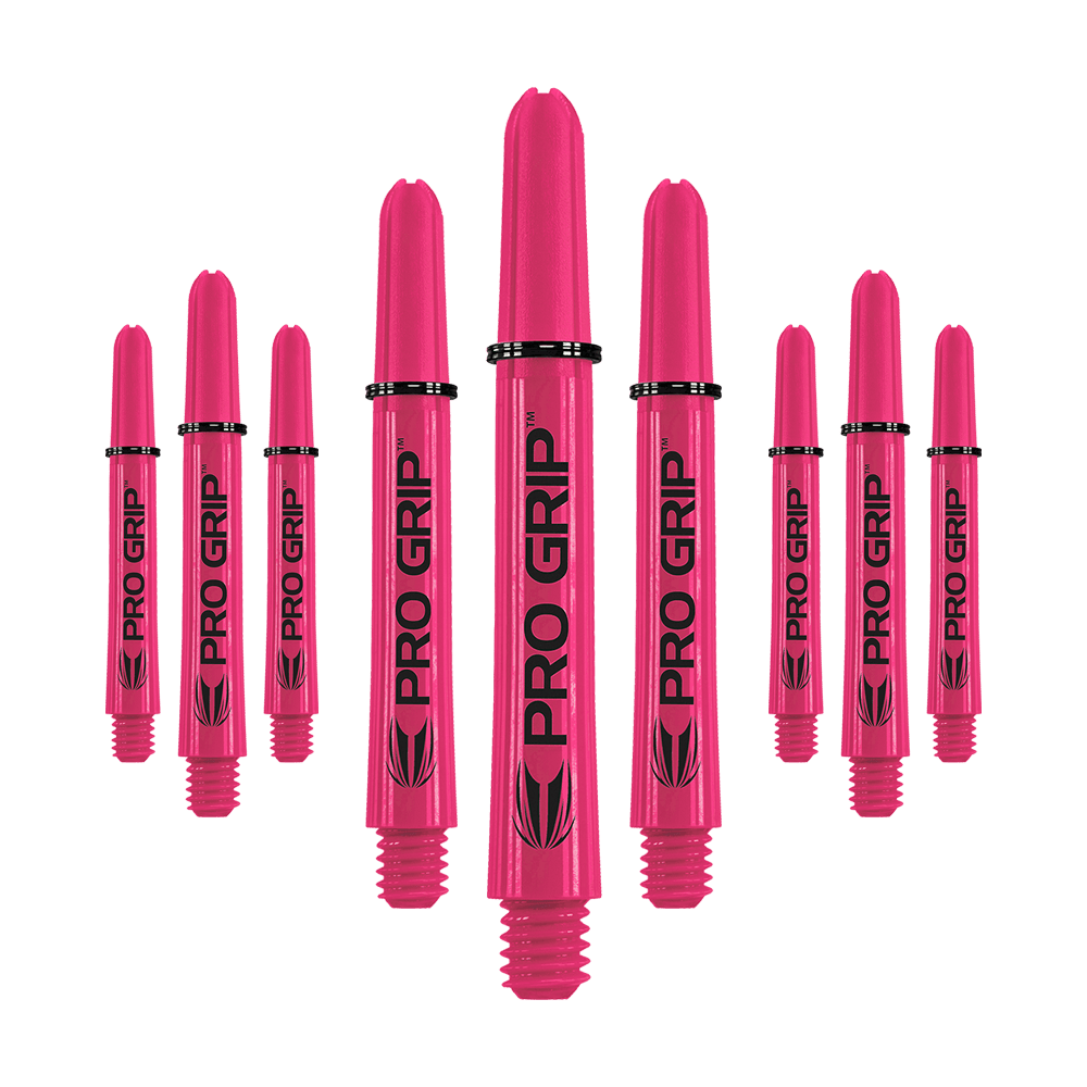 Uchwyty Target Pro Grip - 3 zestawy - różowe Das Bild zeigt neun pinke Dartshafts mit der Aufschrift "PRO GRIP". Die Shafts sind in drei Reihen angeordnet und heben sich deutlich vor dem weißen Hintergrund ab.