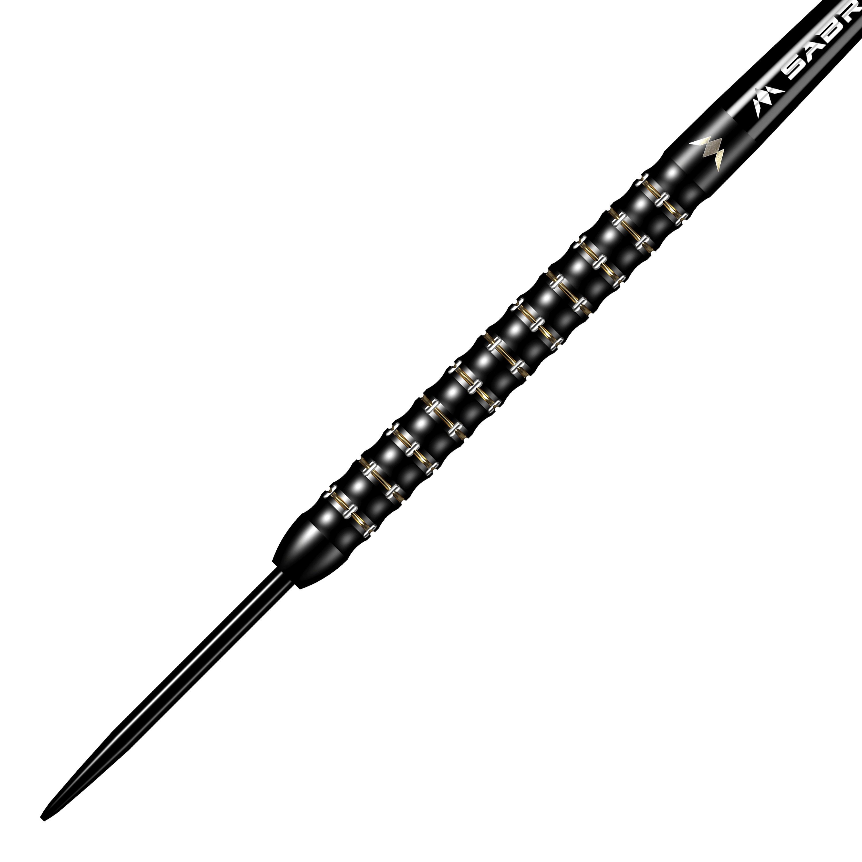Mission Mike De Decker MDD Black Gold Steeldarts Das Bild zeigt den Mission Mike De Decker MDD Black Gold Steeldart. Der Dartpfeil ist überwiegend schwarz mit goldenen Akzenten und hat ein strukturiertes Griffdesign.