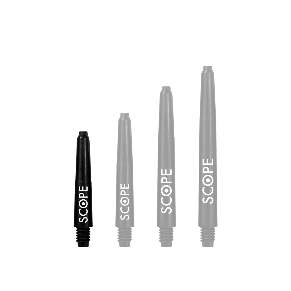 520_McDart_Scope_Nylon_Shafts_Schwarz_28mm_1AQ9le9Wfg4T86 Das Bild zeigt vier schwarze McDart Scope Nylon Shafts in unterschiedlichen Längen. Auf jedem Schaft steht das Wort "SCOPE" in weißer Schrift.