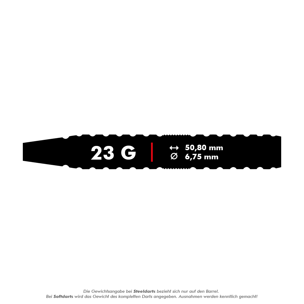 Šipky Winmau Willie O'Connor ocelové - 23g Dieses Bild zeigt das Barrel des Winmau Willie O'Connor Steeldarts mit einem Gewicht von 23 Gramm. Die Länge beträgt 50,80 mm und der Durchmesser 6,75 mm.