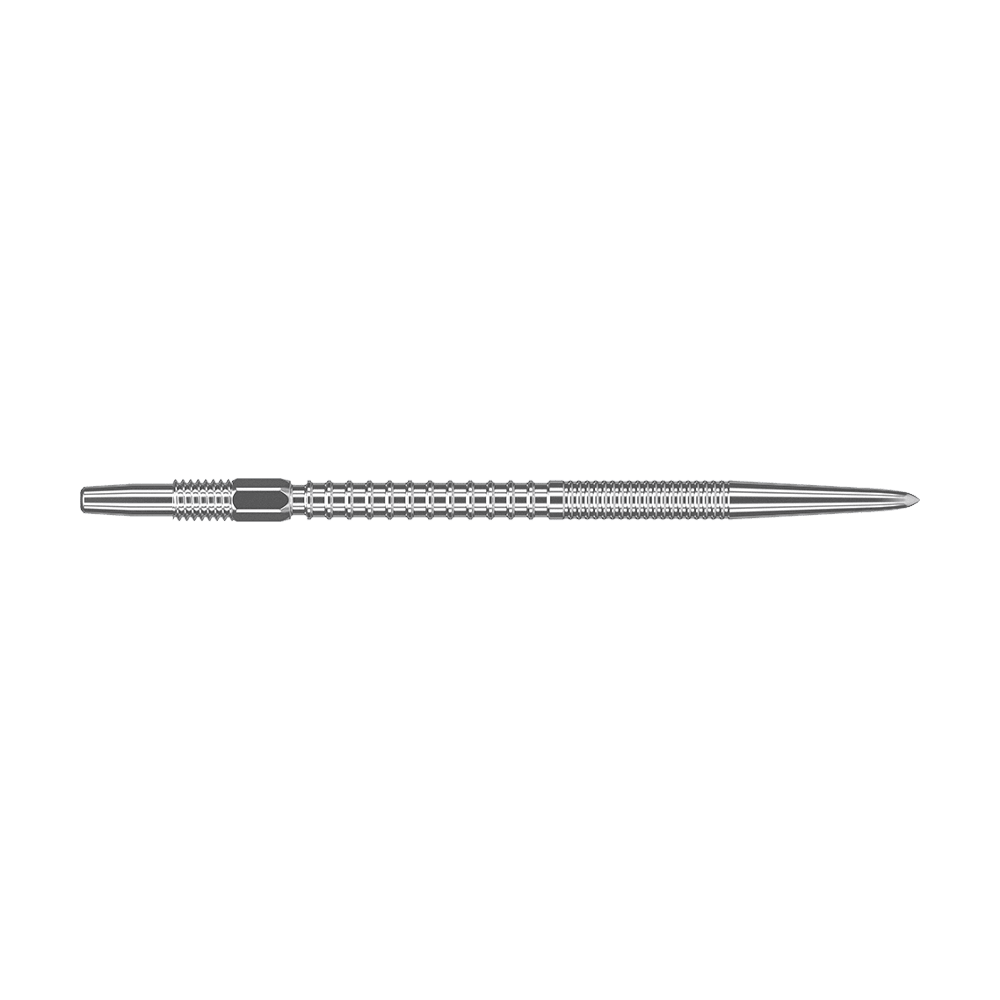 Target Swiss Firepoint Silver Dartspitzen Das Bild zeigt eine silberne Dartspitze mit einem gerillten, strukturierten Design. Sie ist lang und schmal, mit einer spitzen Spitze am rechten Ende.