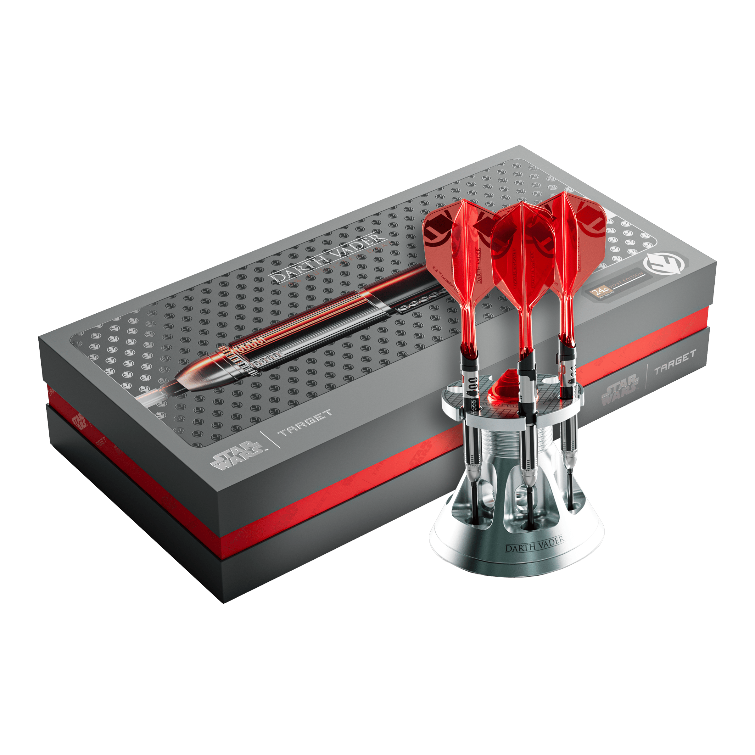 Fléchettes Target Star Wars Dark Vador Seigneur Sith Sabre Laser Édition Limitée Première Édition - 24 g Das Foto stellt die Target Star Wars Darth Vader Light Saber Limited Edition Steeldarts - 24g dar. Die Dartpfeile sind von Darth Vader und seinem Lichtschwert inspiriert.