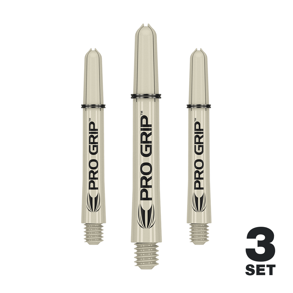 Das Bild zeigt drei beige Dartschäfte mit der Aufschrift "PRO GRIP". In der rechten unteren Ecke steht "3 SET".