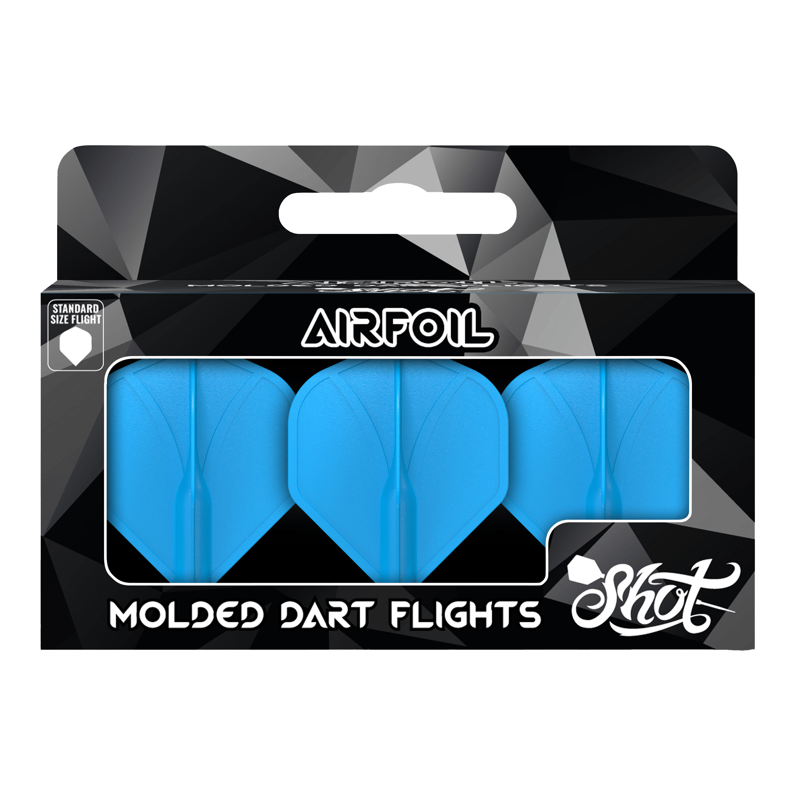 Das Bild zeigt eine Packung mit drei blauen, geformten Dart-Flights der Marke Shot. Auf der Verpackung steht "Airfoil" und "Molded Dart Flights".