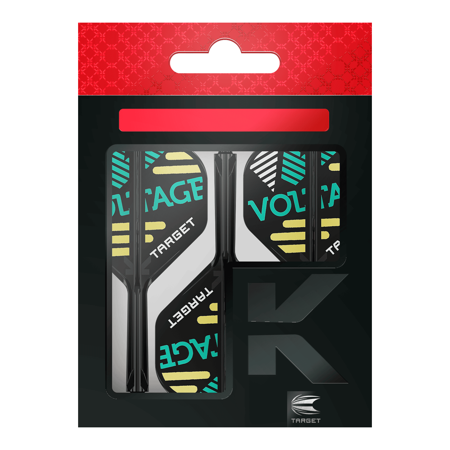 Systém standardní letové hřídele Target K-Flex Rob Cross No2 Das Bild zeigt eine Verpackung mit Dart-Zubehör der Marke Target. In der Packung sind drei schwarze Flights und Schäfte mit dem Aufdruck "VOLTAGE" zu sehen.