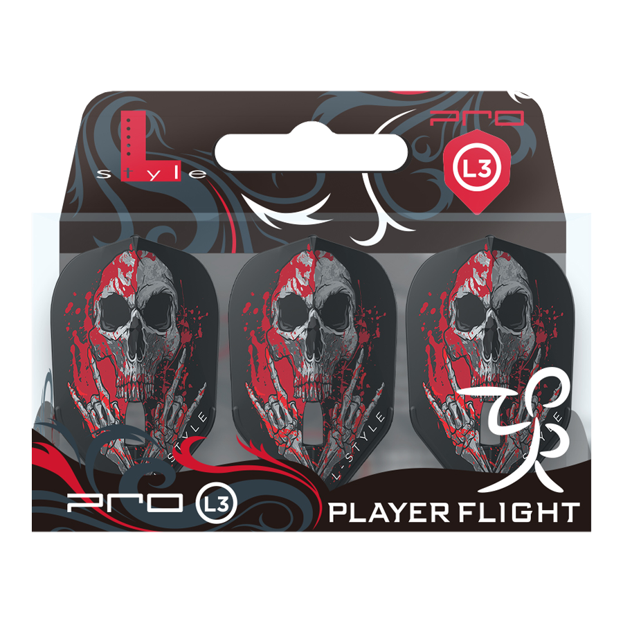 Letky L-Style Ryan Searle V3 L3PRO černé Die Abbildung zeigt ein Set von drei L-Style Ryan Searle V3 L3PRO Black Flights. Auf den Flights ist ein Totenkopf-Design mit roten Farbakzenten zu sehen.