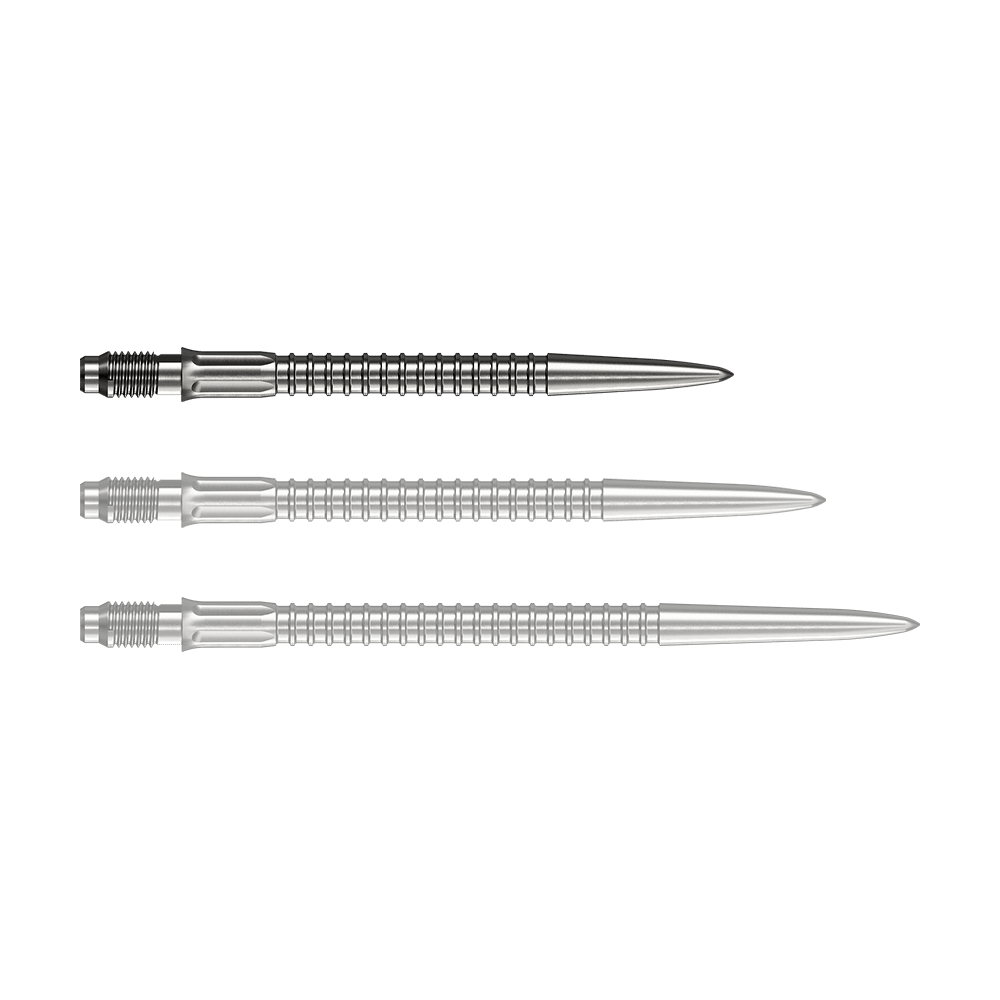 Zu sehen sind Mission R25 Rapid Point GV1 Dartspitzen, silberfarben und 30mm lang. Die Spitzen sind für den Austausch an Darts geeignet.
