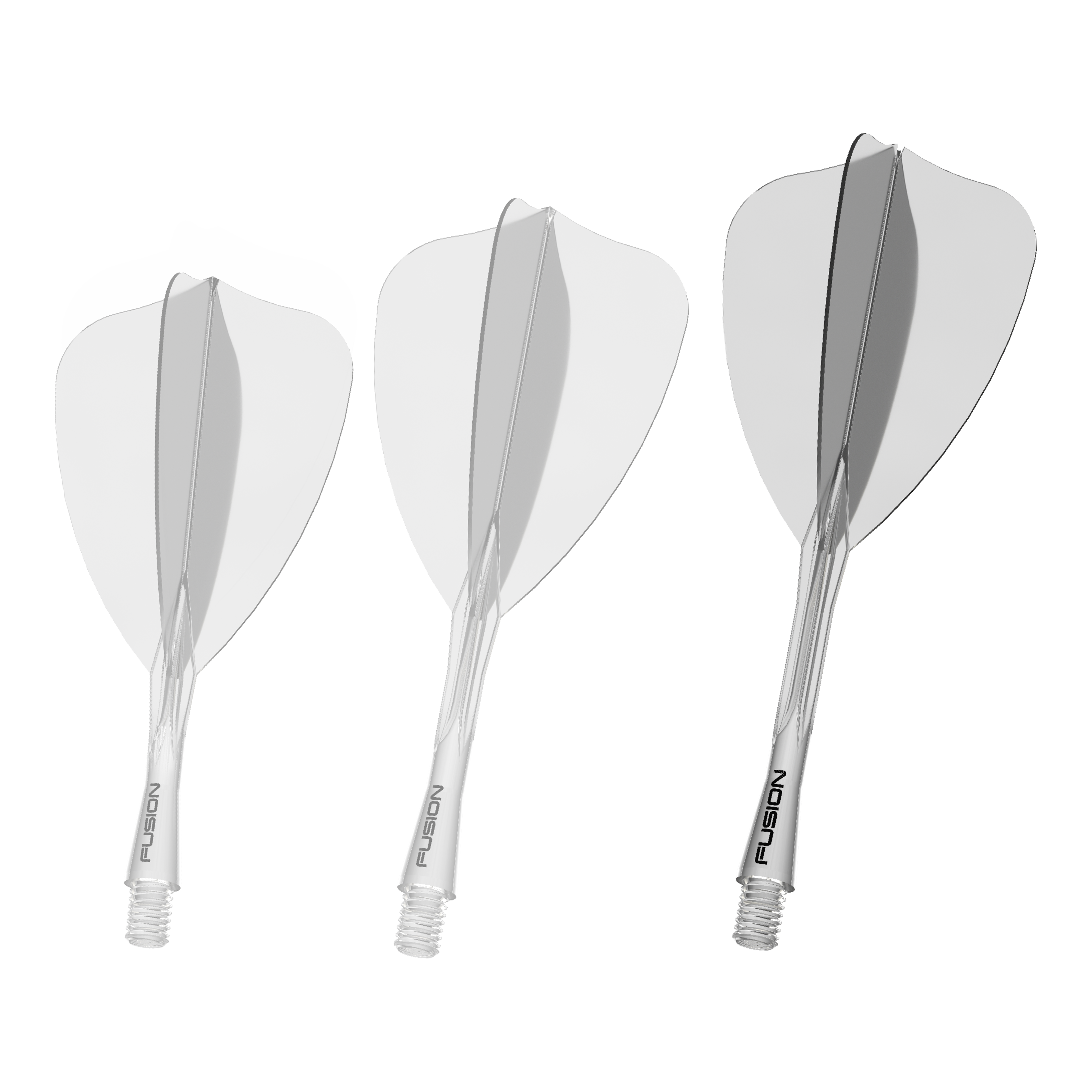 Das Bild zeigt ein Winmau Fusion Flight Shaft System in klarer 34mm Ausführung. Es handelt sich um einen Bestandteil für Dartpfeile.