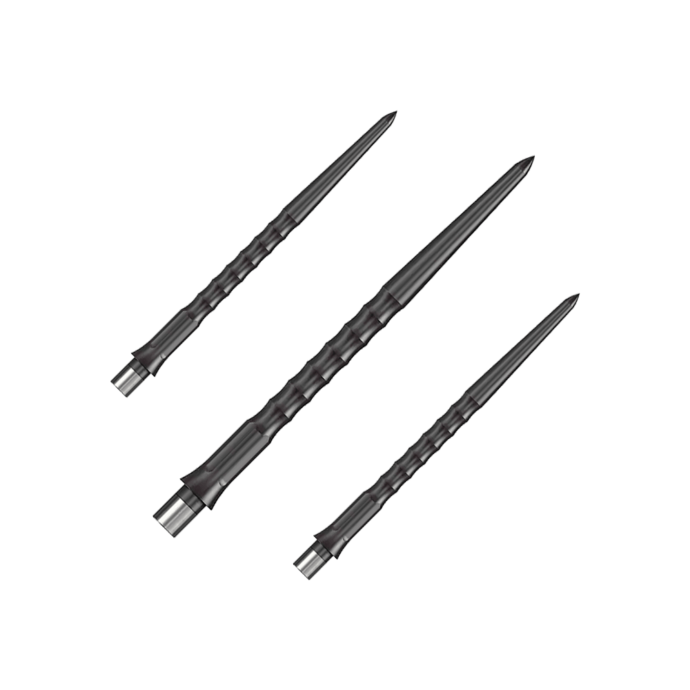Dargestellt ist ein Set schwarzer Steeldartspitzen mit Ripple NoLip Design, 36 mm lang. Diese sind Bestandteil des Caliburn Evo Systems.