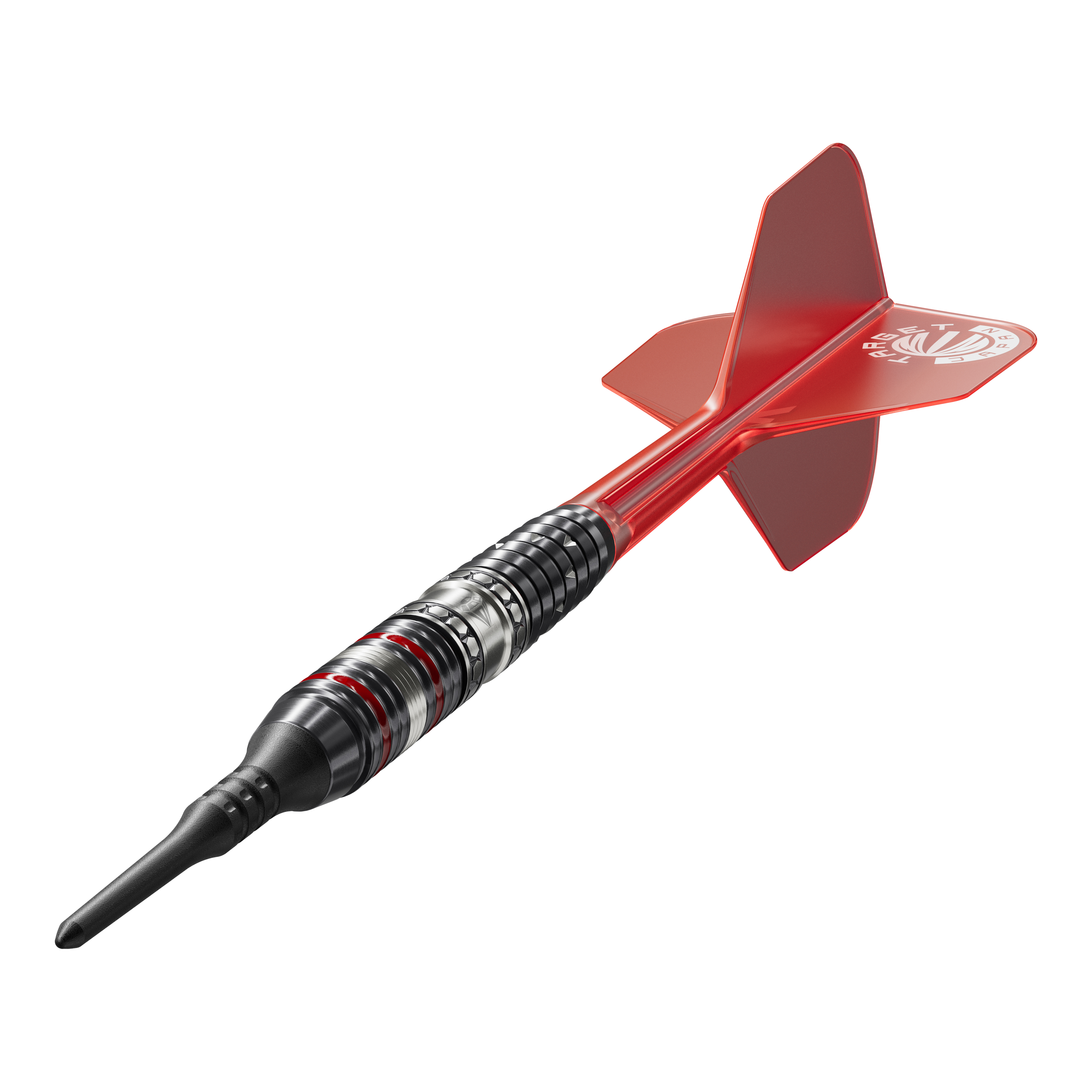 Dardos blandos Target Japan Prime Series Diamond GEN3 - 18 g Das Bild zeigt einen Softdart der Serie "Target Japan Prime Series Diamond GEN3" mit einem Gewicht von 18g. Der Dart ist schwarz-silbern mit roten Akzenten und hat eine rote Flights.