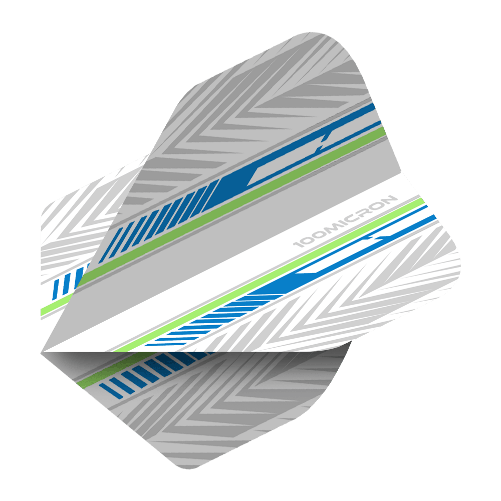 Vuelos de pentatlón blanco/azul/verde Das Bild zeigt ein Dartflight mit dem Namen "Pentathlon White Blue Green No2 Standard Flights". Das Design ist überwiegend weiß und grau mit blauen und grünen Streifen sowie einem chevronartigen Muster.