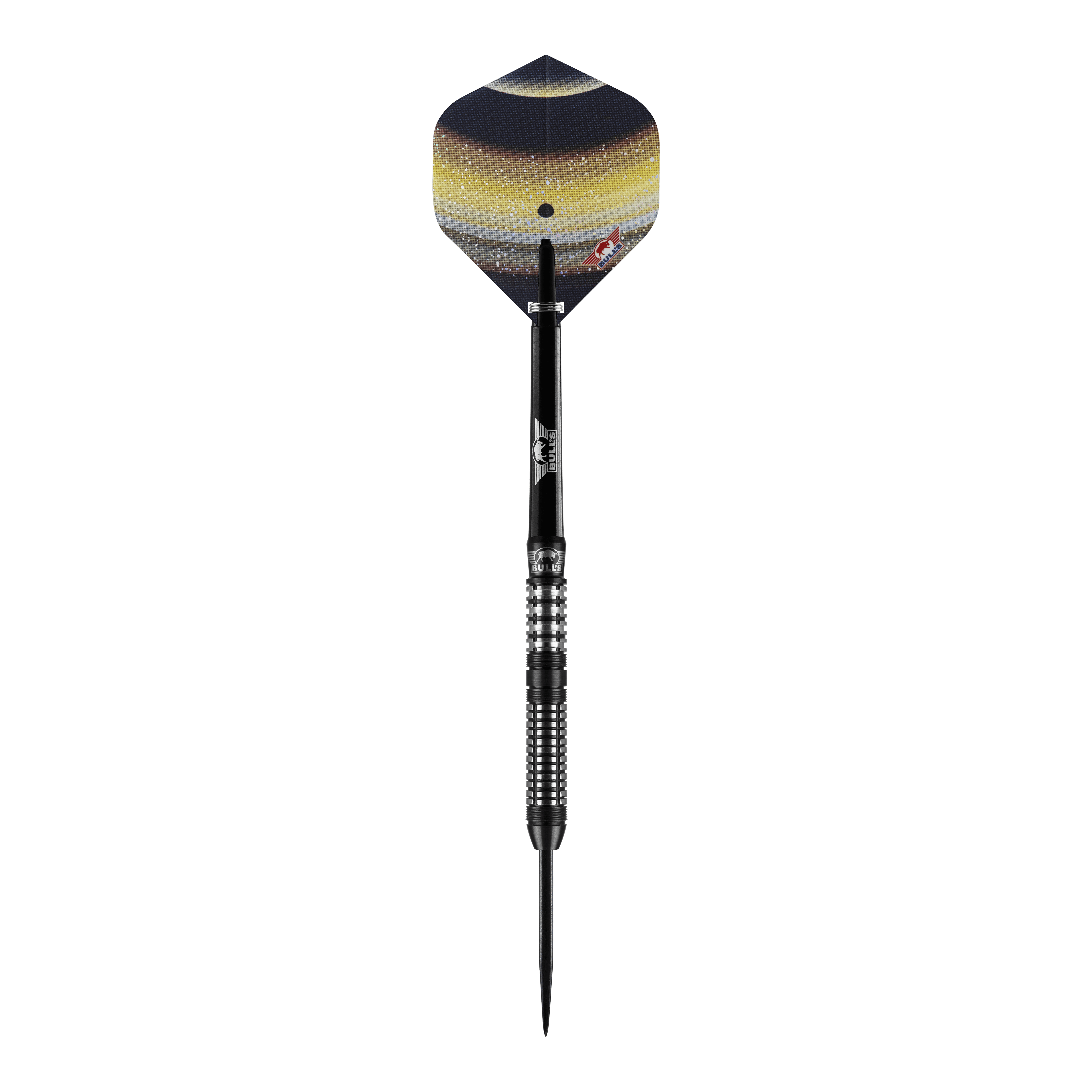 Bulls NL Luna Neoma Steeldarts Das Bild zeigt einen Bulls NL Luna Neoma Steeldart. Der Dart hat einen schwarz-silbernen Schaft und eine Flügel mit gelb-schwarzem Weltraumdesign.