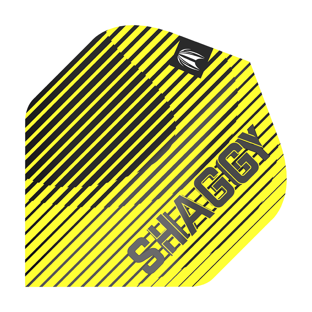 TG112_330220_Target_ProUltra_Scott_Williams_No2_Standard_Flights_1 Das Bild zeigt ein Dartflight mit gelb-schwarzen diagonalen Streifen. Auf dem Flight steht in großen Buchstaben das Wort "SHAGGY".