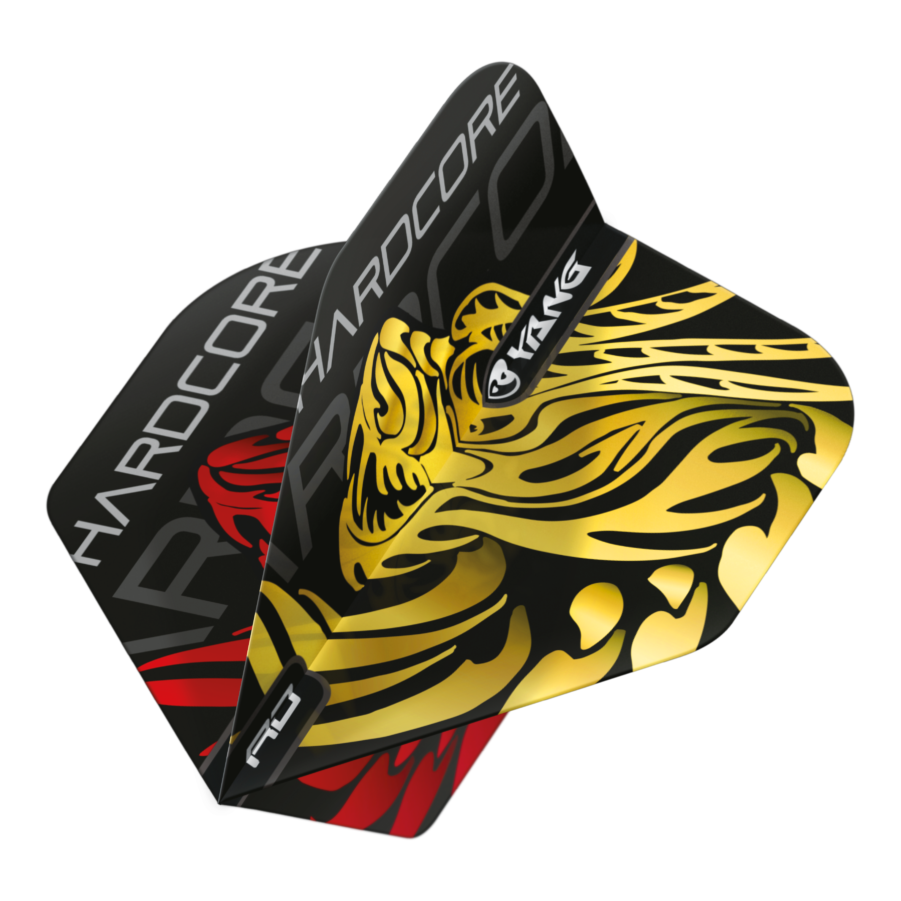 Red Dragon Jonny Clayton Gold Red Yin Yang Standard Flights Das Bild zeigt die Red Dragon Jonny Clayton Gold Red Yin Yang Standard Flights mit einem auffälligen goldenen und roten Design. Die Flights haben ein Hardcore-Branding und einen stilisierten Yin-Yang-Druck.