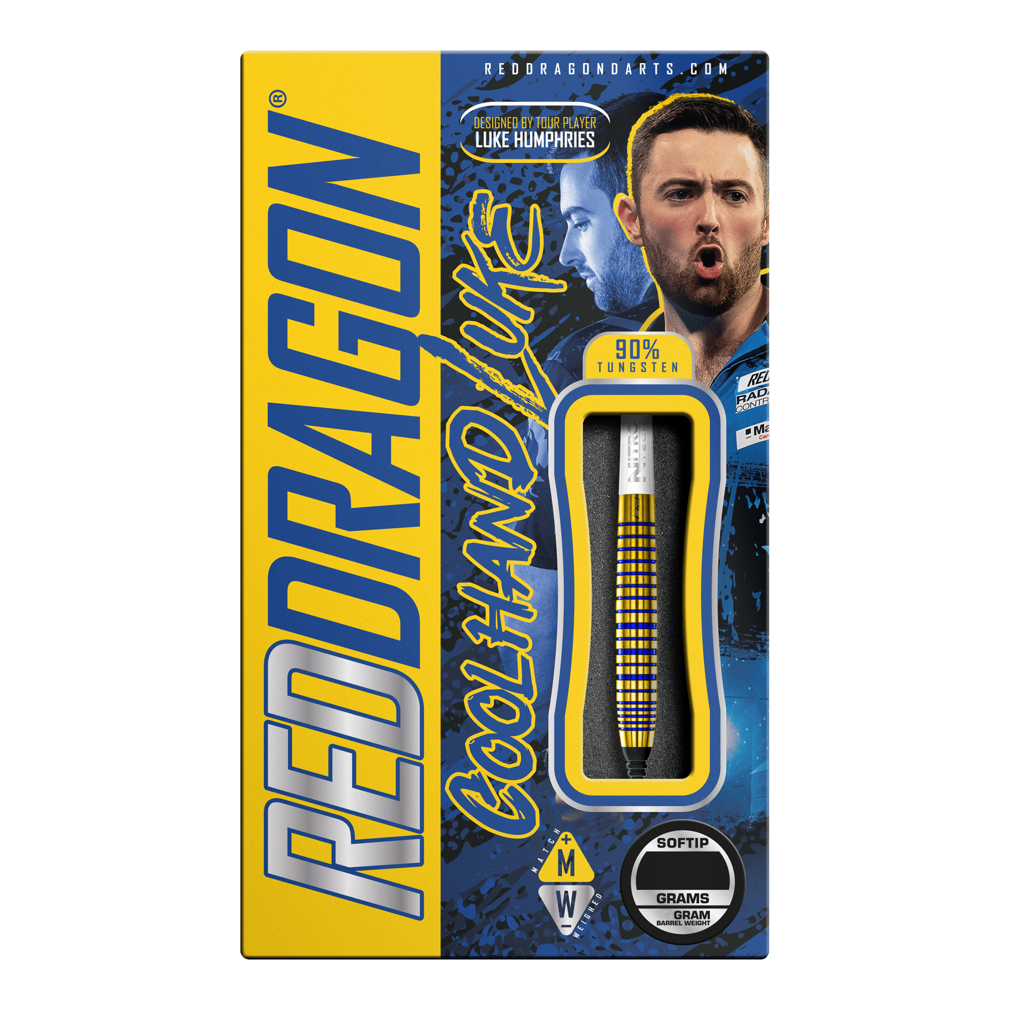 Šipky Red Dragon Luke Humphries TX3 Gold SE Softdarts - 20g Die Verpackung zeigt die "Red Dragon Luke Humphries TX3 Gold SE Softdarts - 20g". Auf der Box sind ein Dartpfeil, das Bild eines Spielers und auffällige gelbe und blaue Grafiken zu sehen.